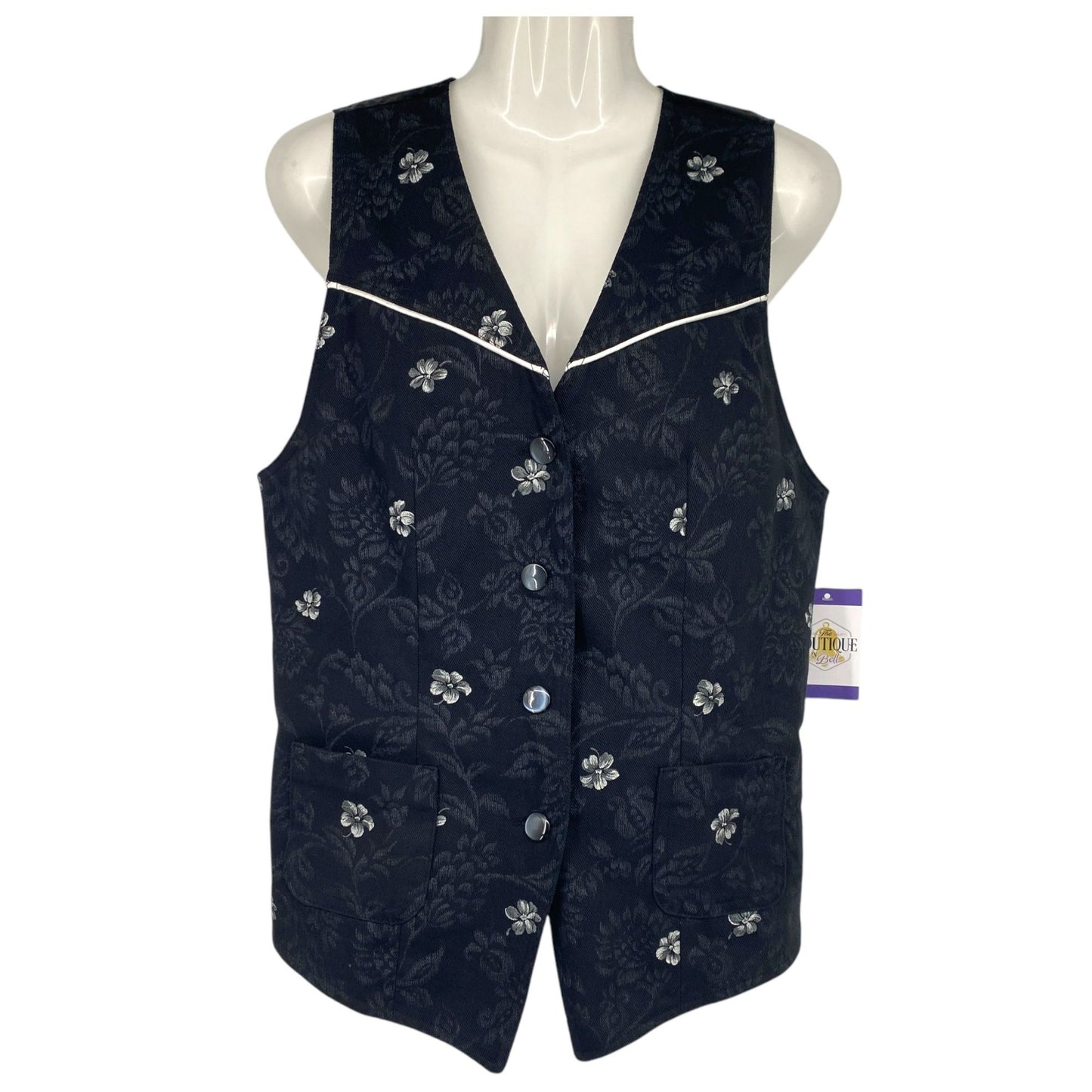 Vintage 90s Black Floral Tapestry Vest Fitted Button Dark Academia Whimsigoth