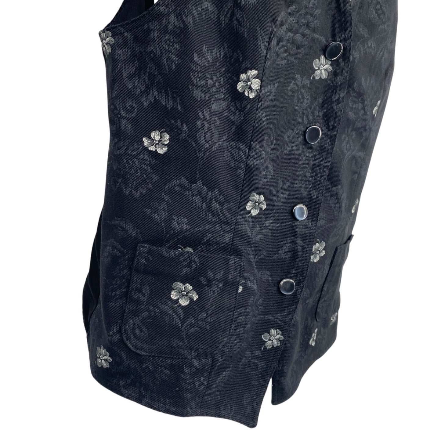 Vintage 90s Black Floral Tapestry Vest Fitted Button Dark Academia Whimsigoth