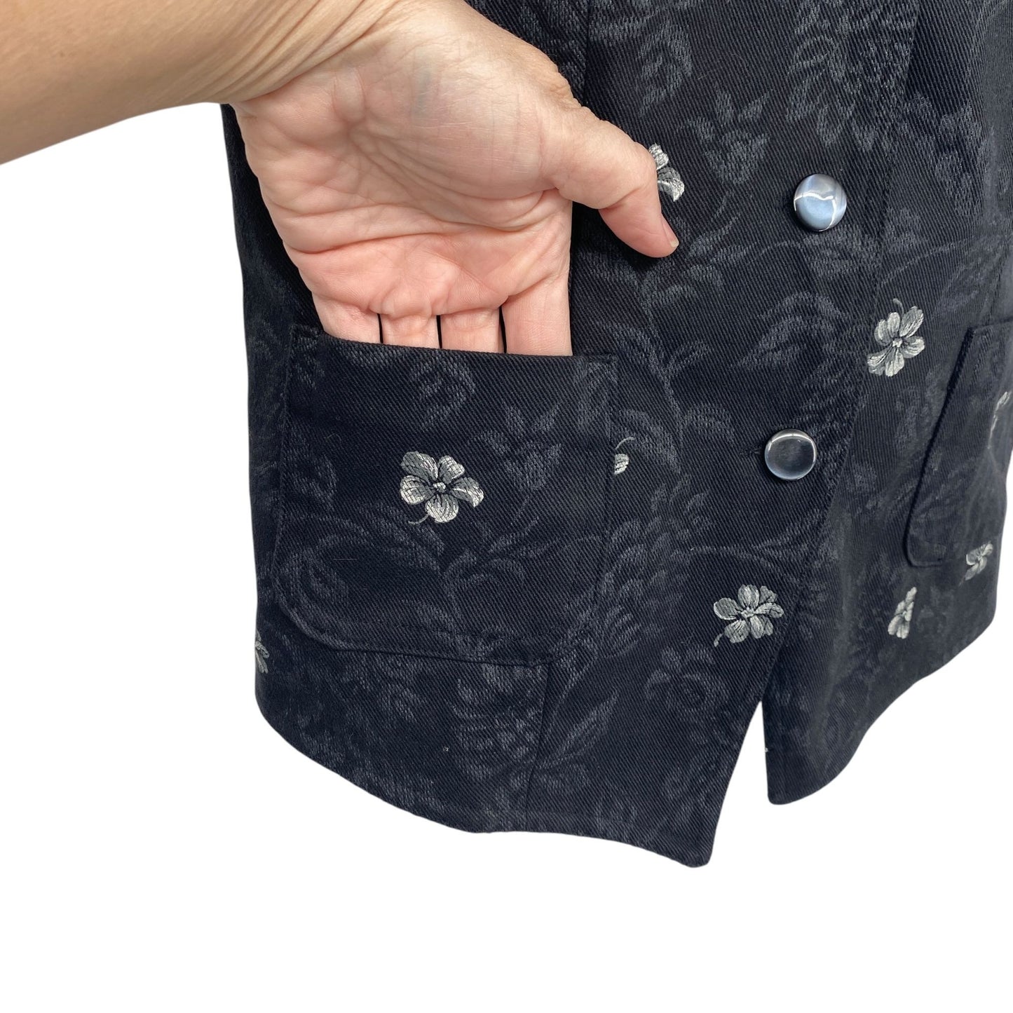 Vintage 90s Black Floral Tapestry Vest Fitted Button Dark Academia Whimsigoth