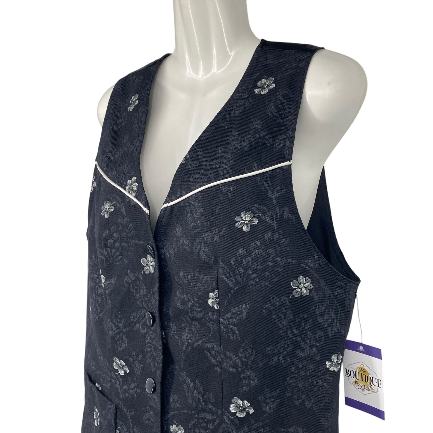 Vintage 90s Black Floral Tapestry Vest Fitted Button Dark Academia Whimsigoth