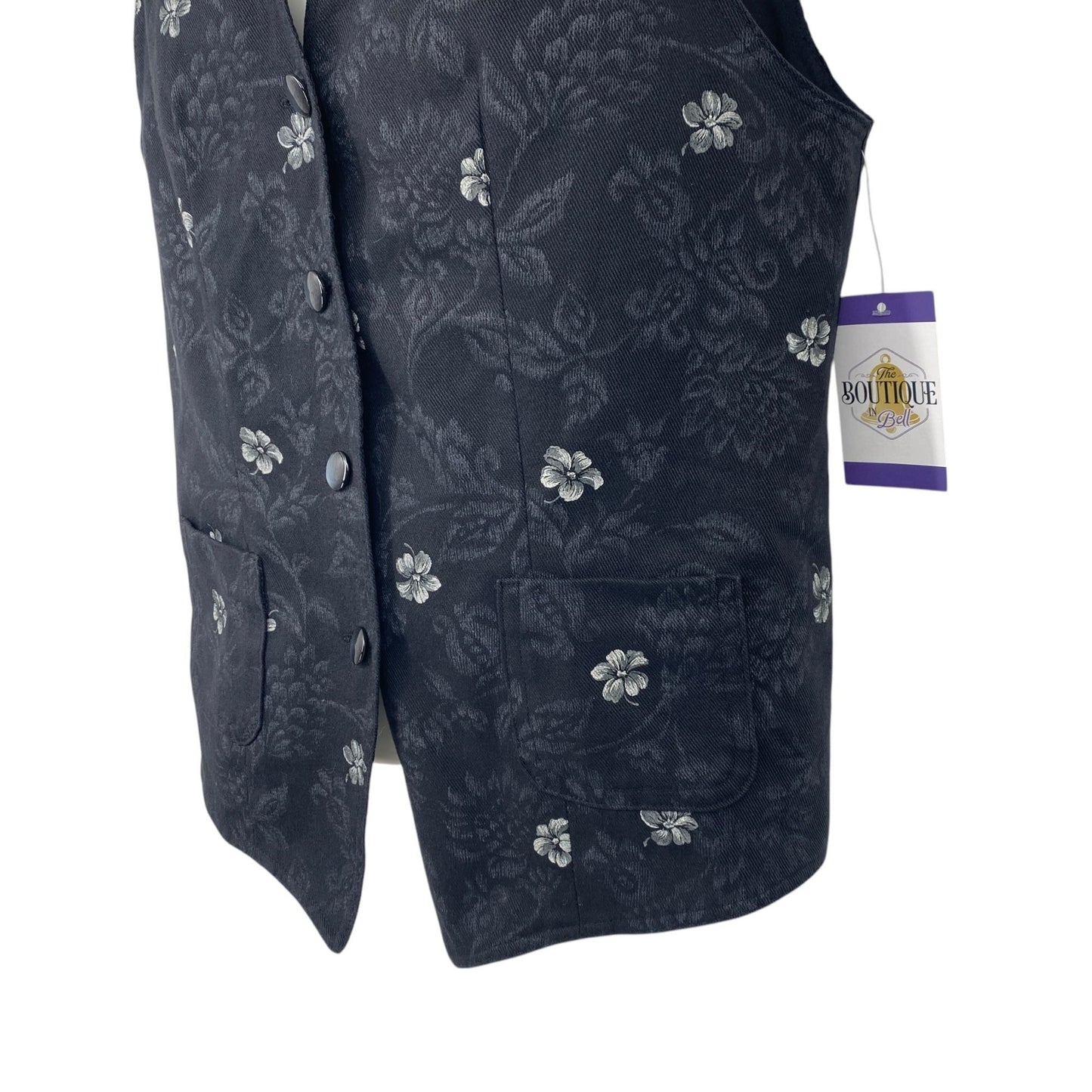 Vintage 90s Black Floral Tapestry Vest Fitted Button Dark Academia Whimsigoth