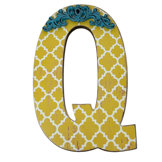 12" Decorative Yellow Teal Blue Wooden Letter Q Moroccan Pattern Boho Vintage