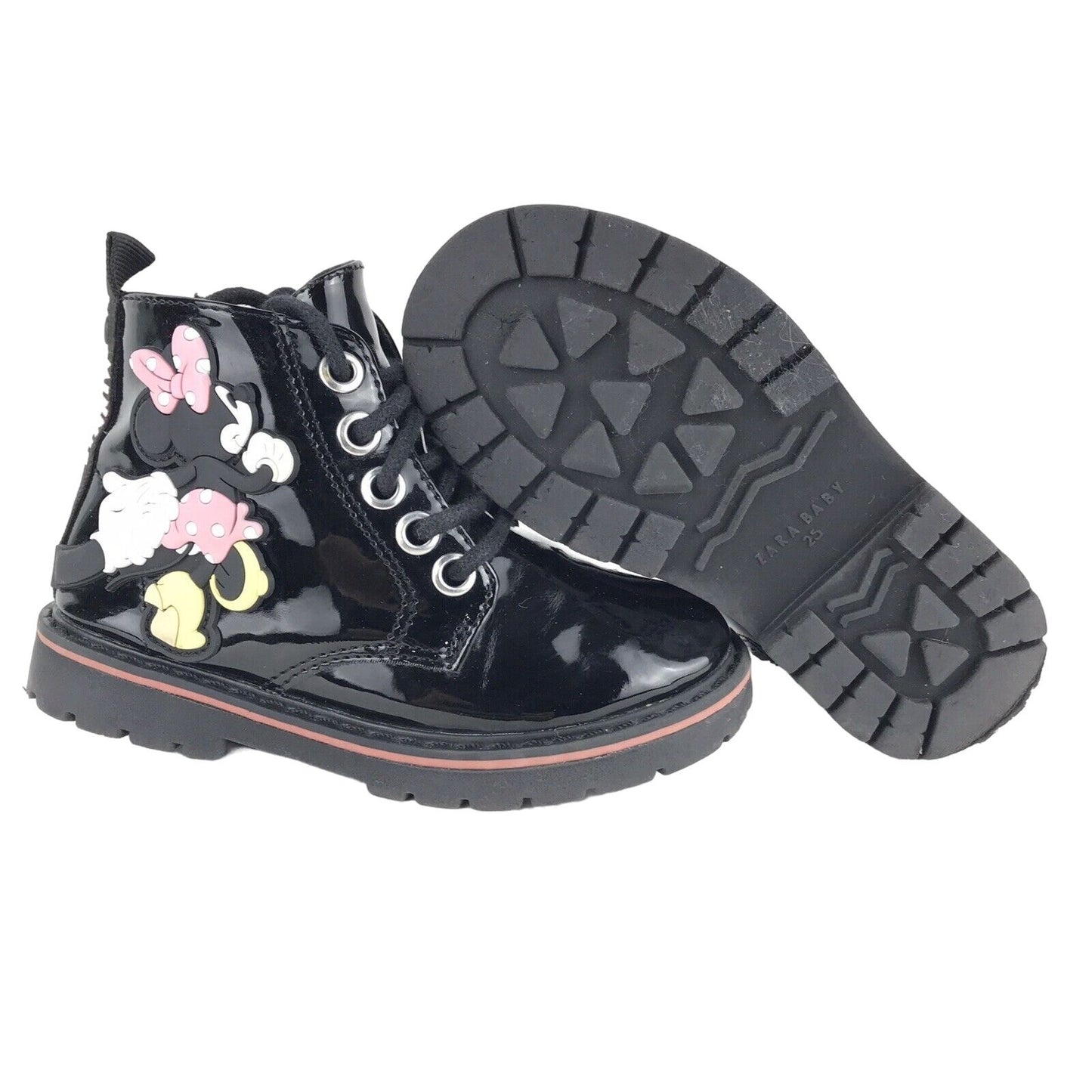 Zara Baby Disney Minnie Mouse Patent Leather Black Lace Up Zip Boot 25 EU 8.5 US