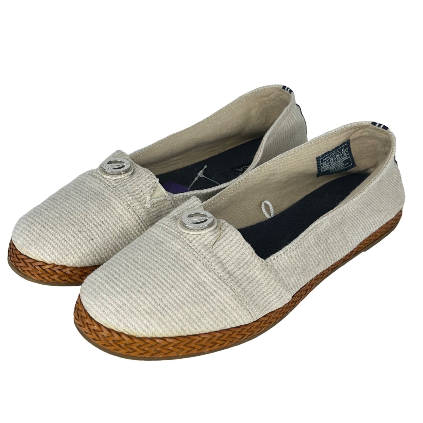 Nautica 8.5 Gammon Beige Canvas Slip-on Shoes Braided Leather Espadrilles Casual