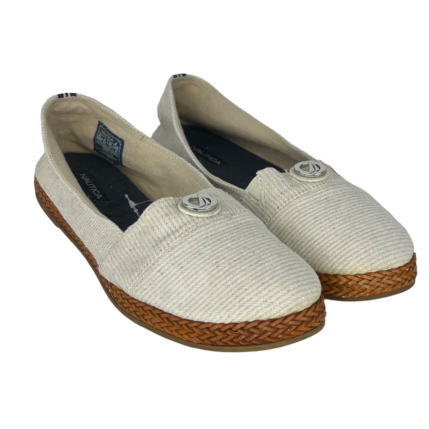 Nautica 8.5 Gammon Beige Canvas Slip-on Shoes Braided Leather Espadrilles Casual