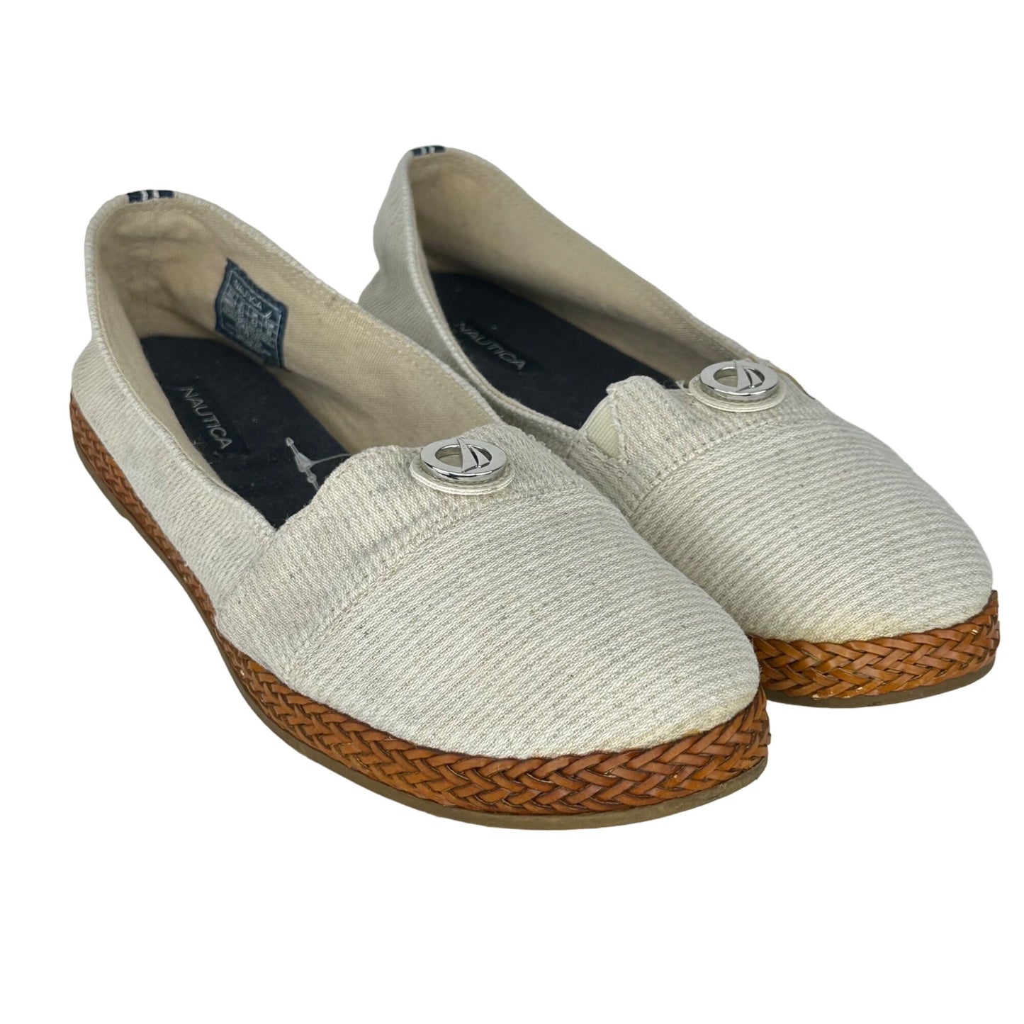 Nautica 8.5 Gammon Beige Canvas Slip-on Shoes Braided Leather Espadrilles Casual