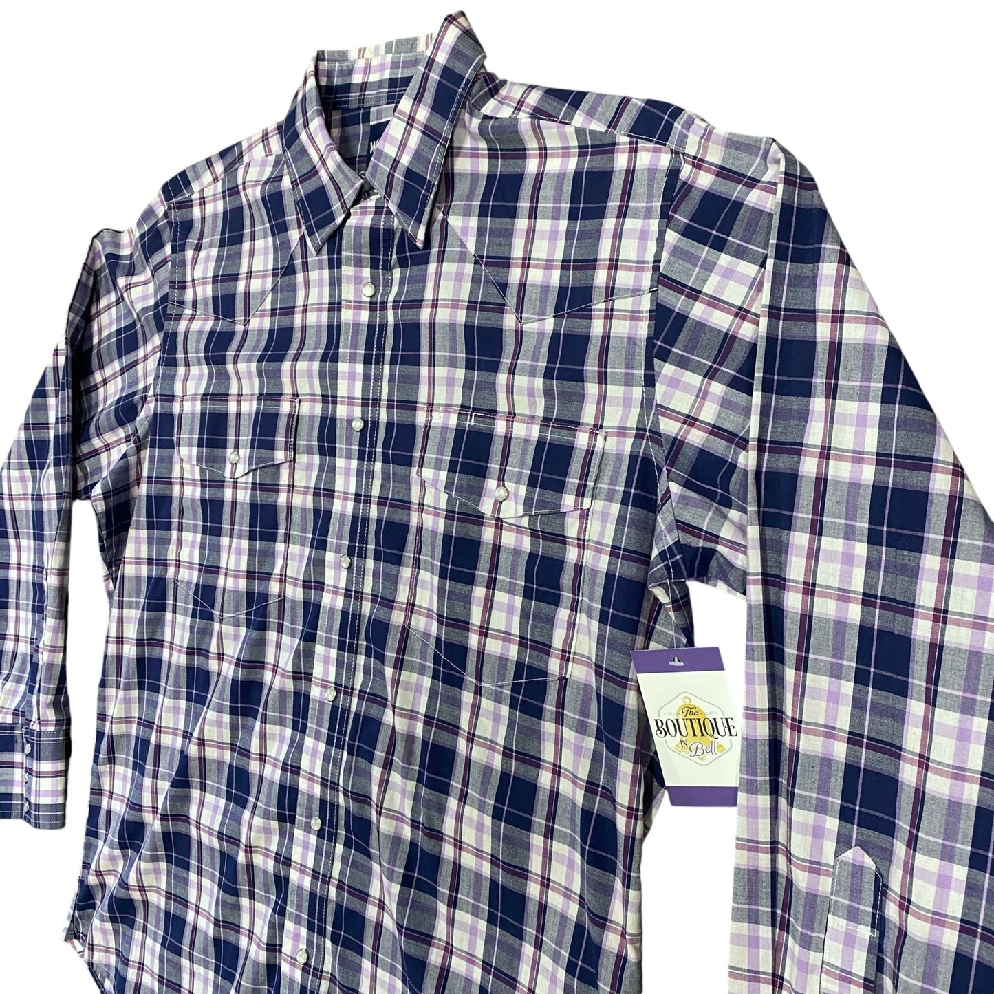 Wrangler Mens L Western Pearl Snap Shirt Purple Navy Plaid Long Sleeve Cowboy