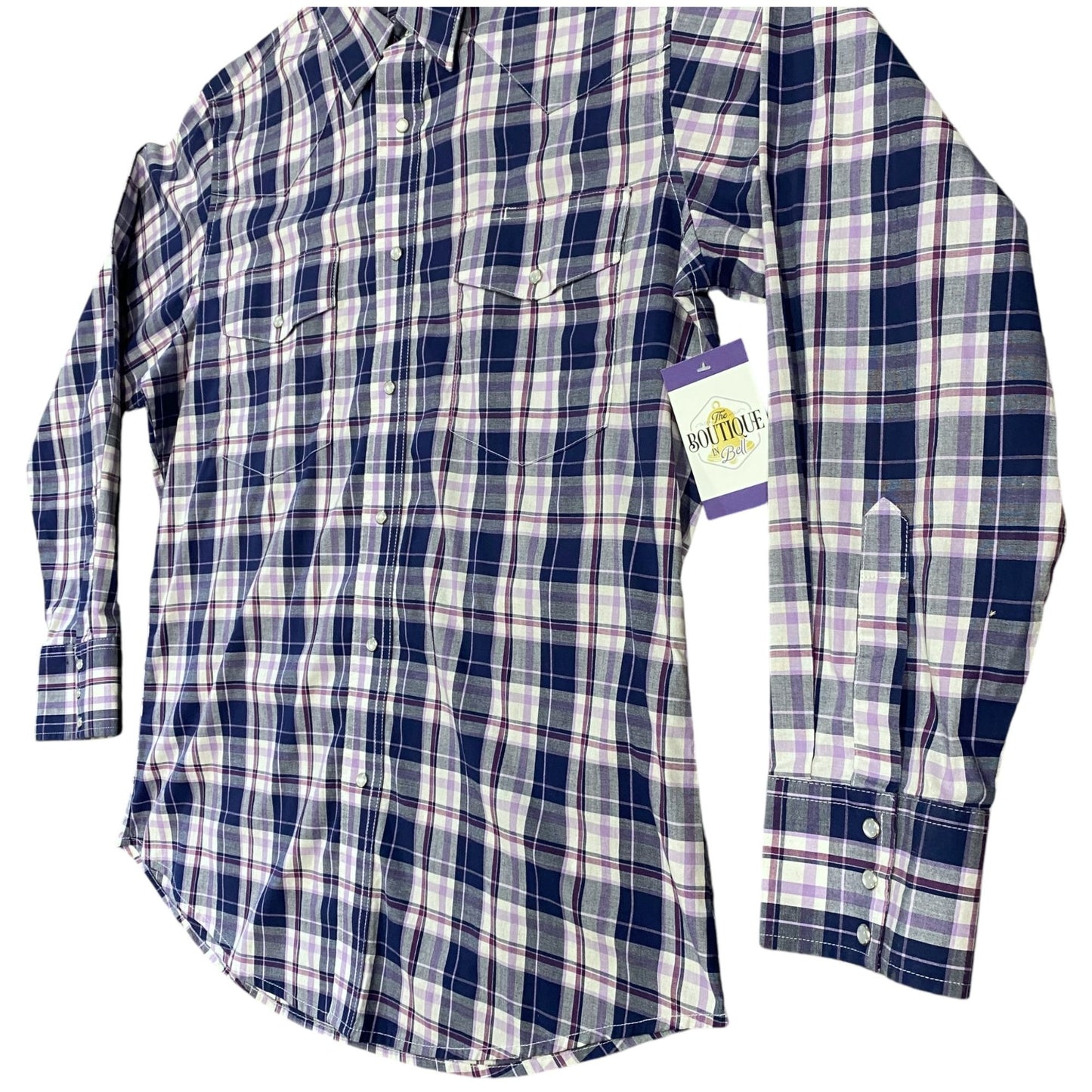 Wrangler Mens L Western Pearl Snap Shirt Purple Navy Plaid Long Sleeve Cowboy