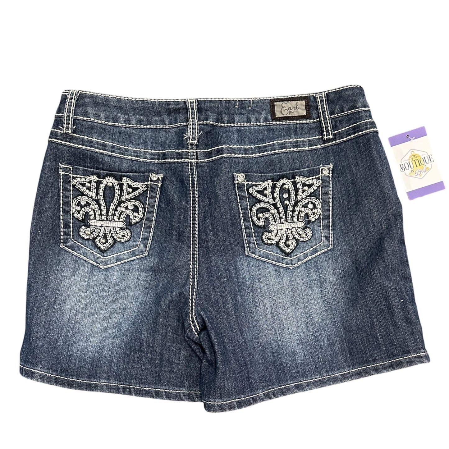 Earl Jean Womens 32 Dark Wash Stretch Shorts Rhinestone Fleur De Lis Pockets