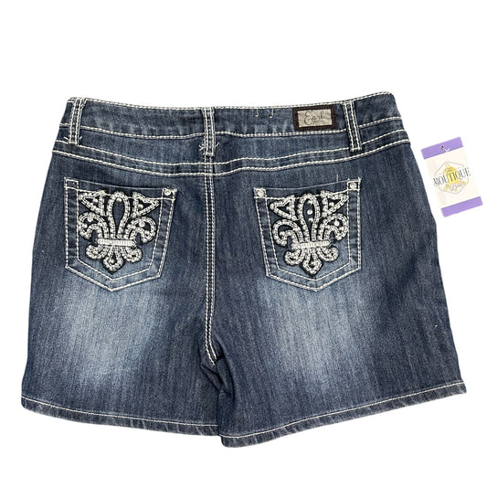 Earl Jean Womens 32 Dark Wash Stretch Shorts Rhinestone Fleur De Lis Pockets