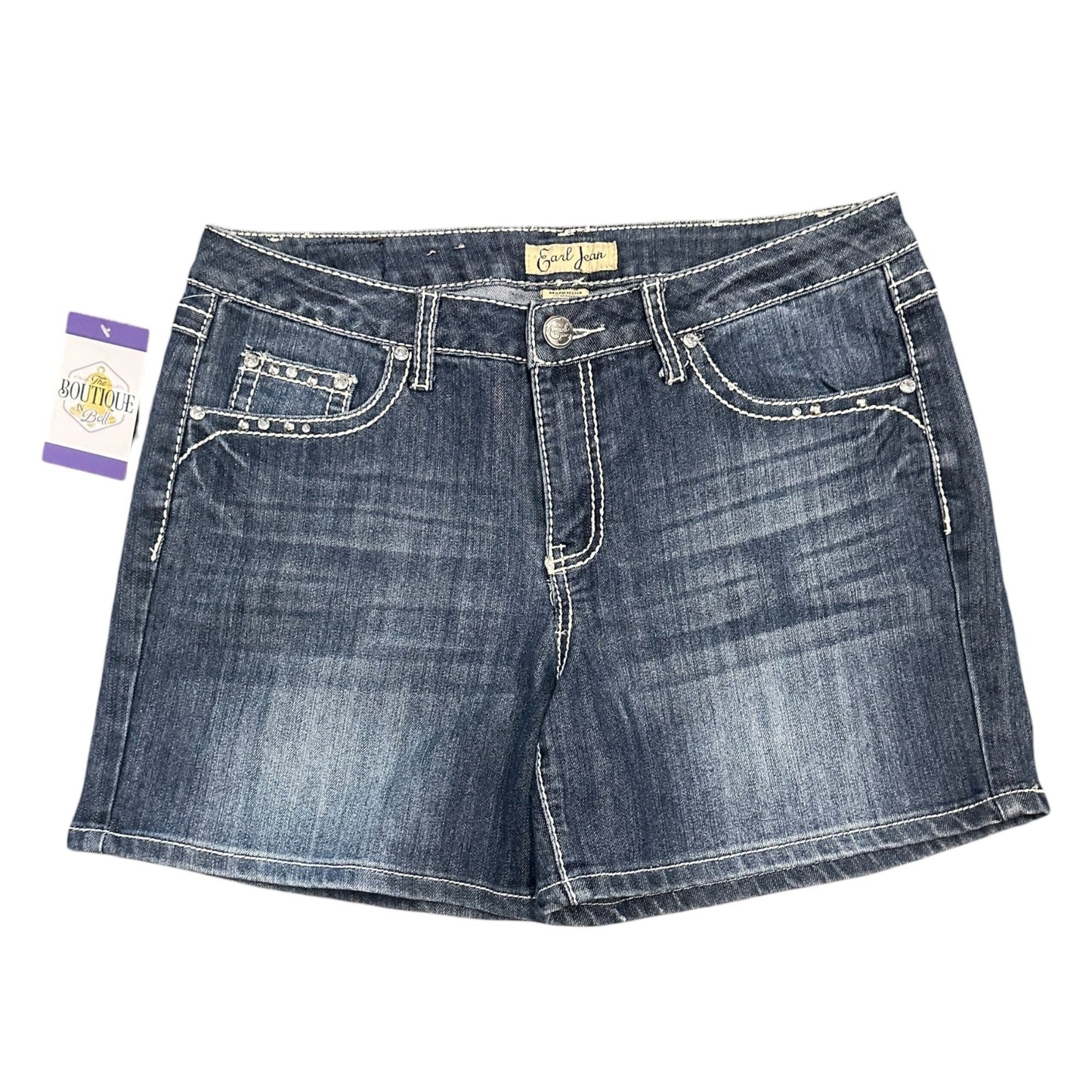 Earl Jean Womens 32 Dark Wash Stretch Shorts Rhinestone Fleur De Lis Pockets