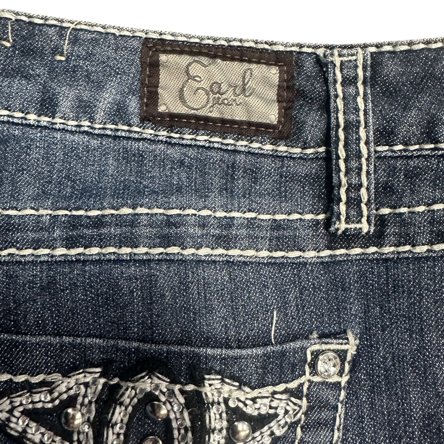 Earl Jean Womens 32 Dark Wash Stretch Shorts Rhinestone Fleur De Lis Pockets