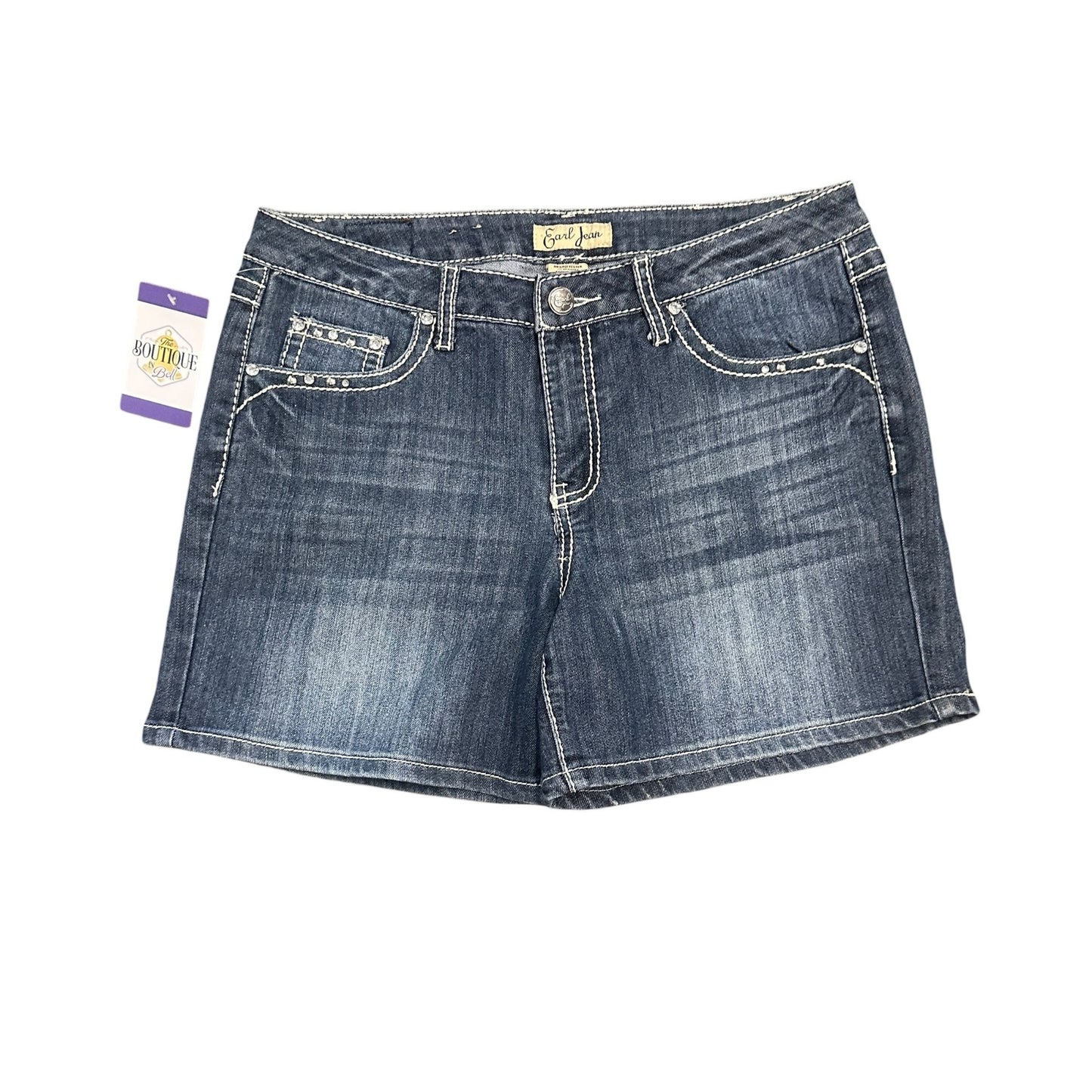 Earl Jean Womens 32 Dark Wash Stretch Shorts Rhinestone Fleur De Lis Pockets