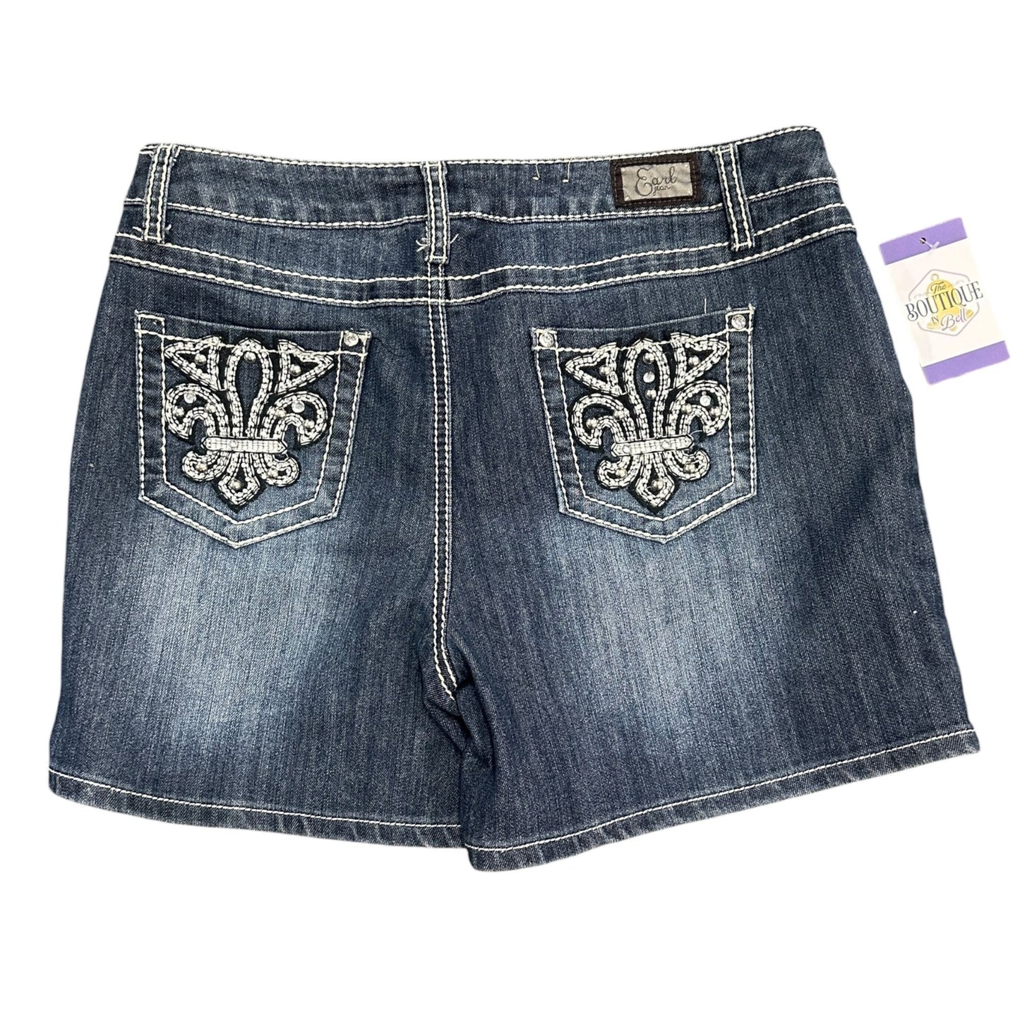 Earl Jean Womens 32 Dark Wash Stretch Shorts Rhinestone Fleur De Lis Pockets