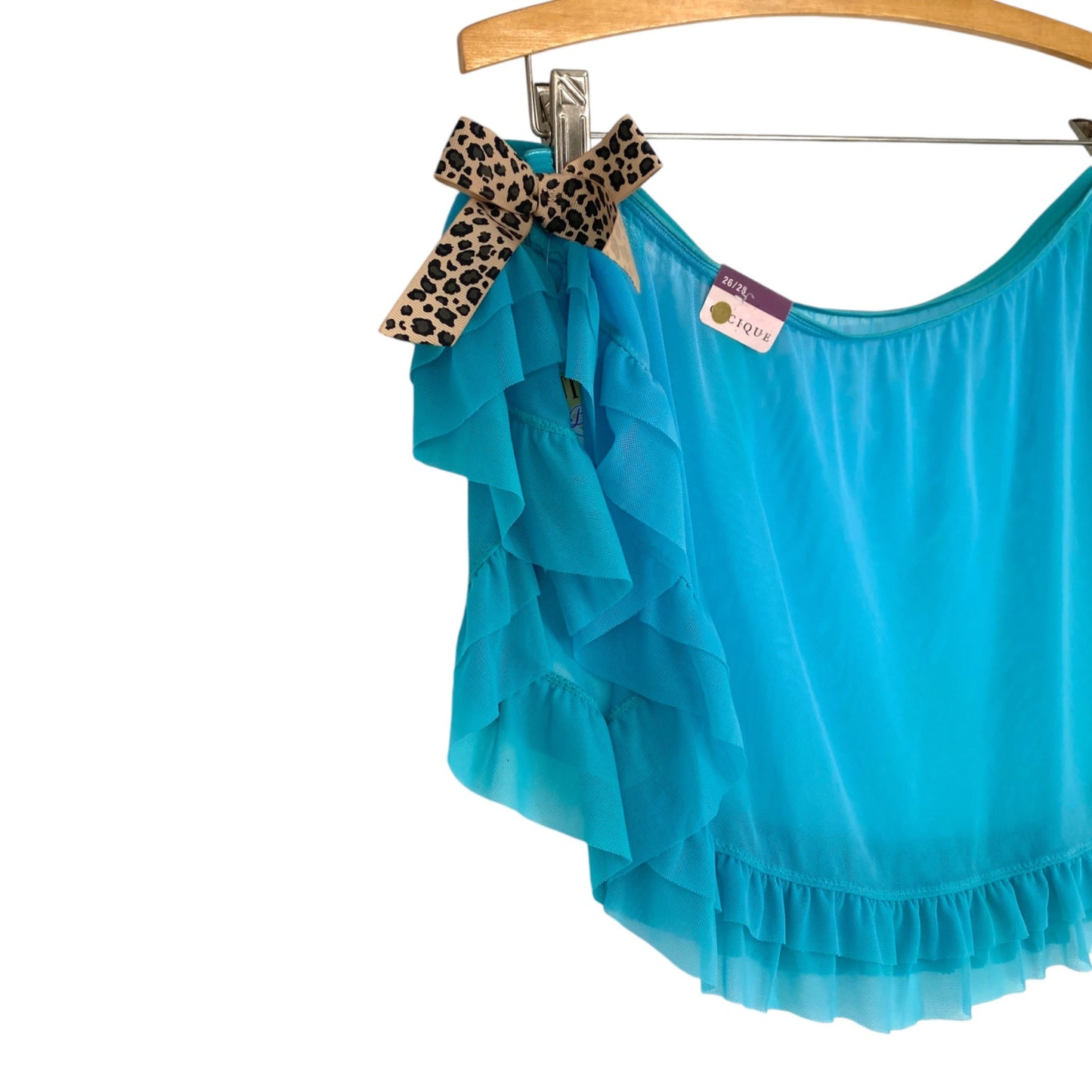 NWT Cacique 26/28 Teal Sarong Wrap Skirt Cheetah Print Bow Ruffle Cover Sheer