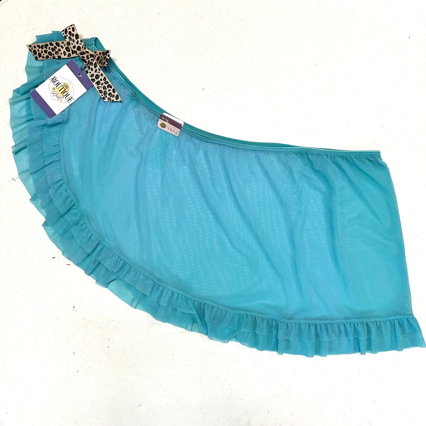 NWT Cacique 26/28 Teal Sarong Wrap Skirt Cheetah Print Bow Ruffle Cover Sheer