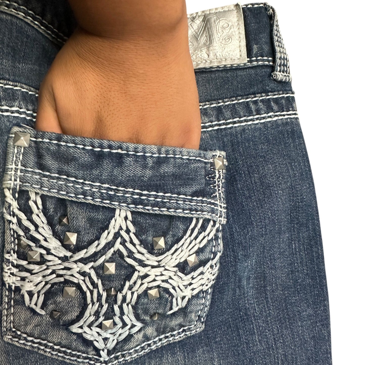 Maurices Premium Bootcut Jeans 15/16 XLong Distressed Thick Stitch Studded Glam