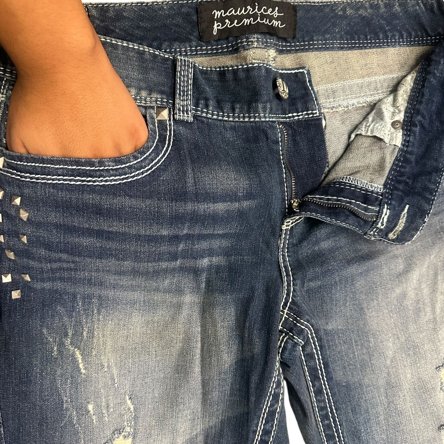 Maurices Premium Bootcut Jeans 15/16 XLong Distressed Thick Stitch Studded Glam