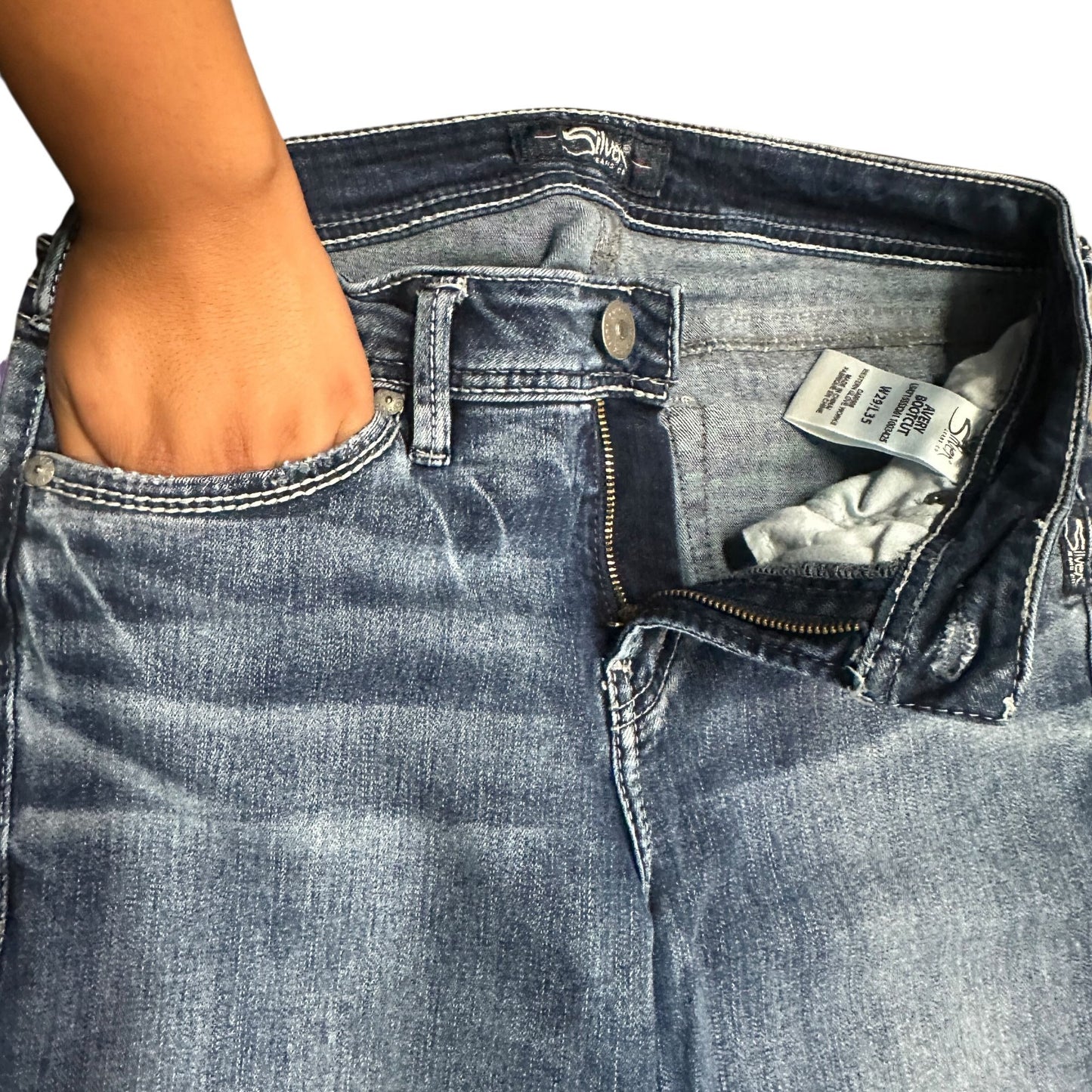 Silver Jeans Avery Bootcut Mid Rise Jeans Distressed Thick Stitch Womens 29X34.5