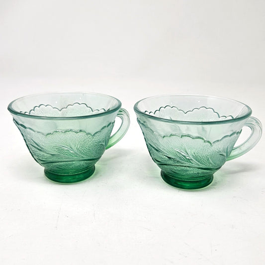 Vtg Indiana Glass Pebble Leaf Tea Cups (2) Green Pressed Cottagecore Shabby Chic