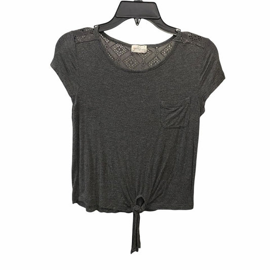 Glitz Womens M Gray Tie Front Lace Back Tshirt Open Knit Short Sleeve Round Neck