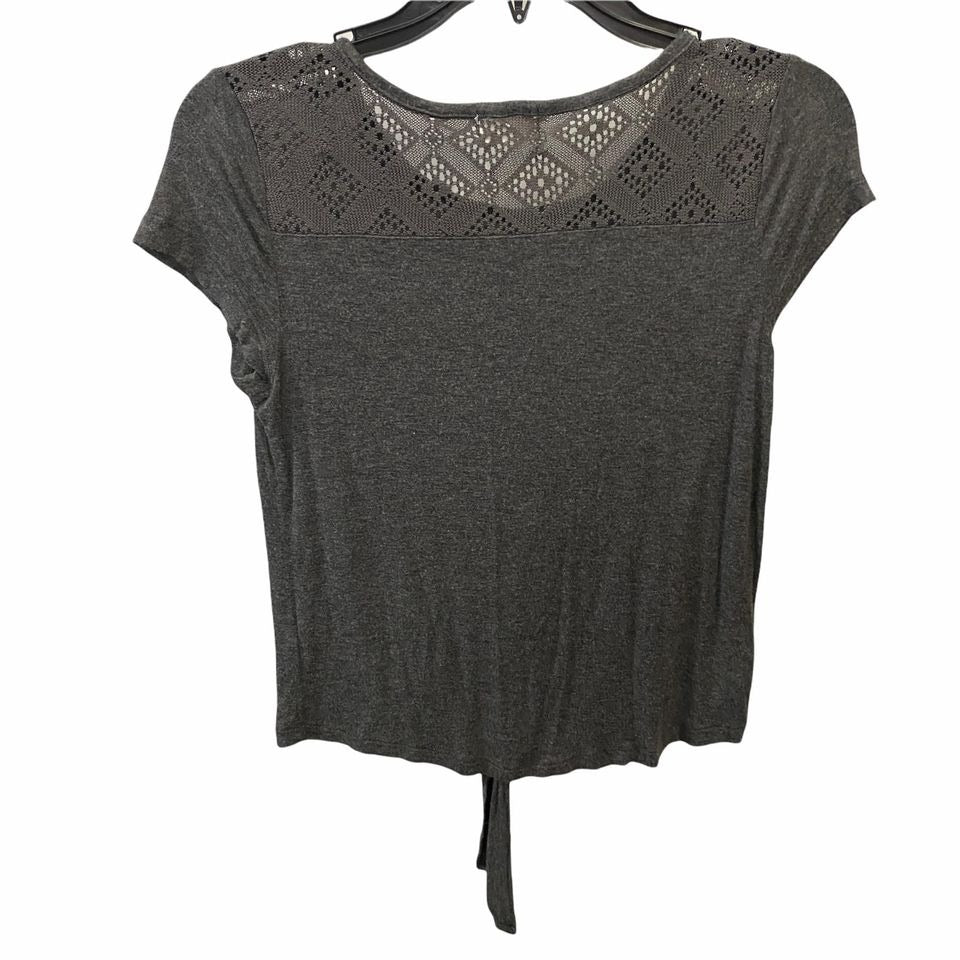 Glitz Womens M Gray Tie Front Lace Back Tshirt Open Knit Short Sleeve Round Neck