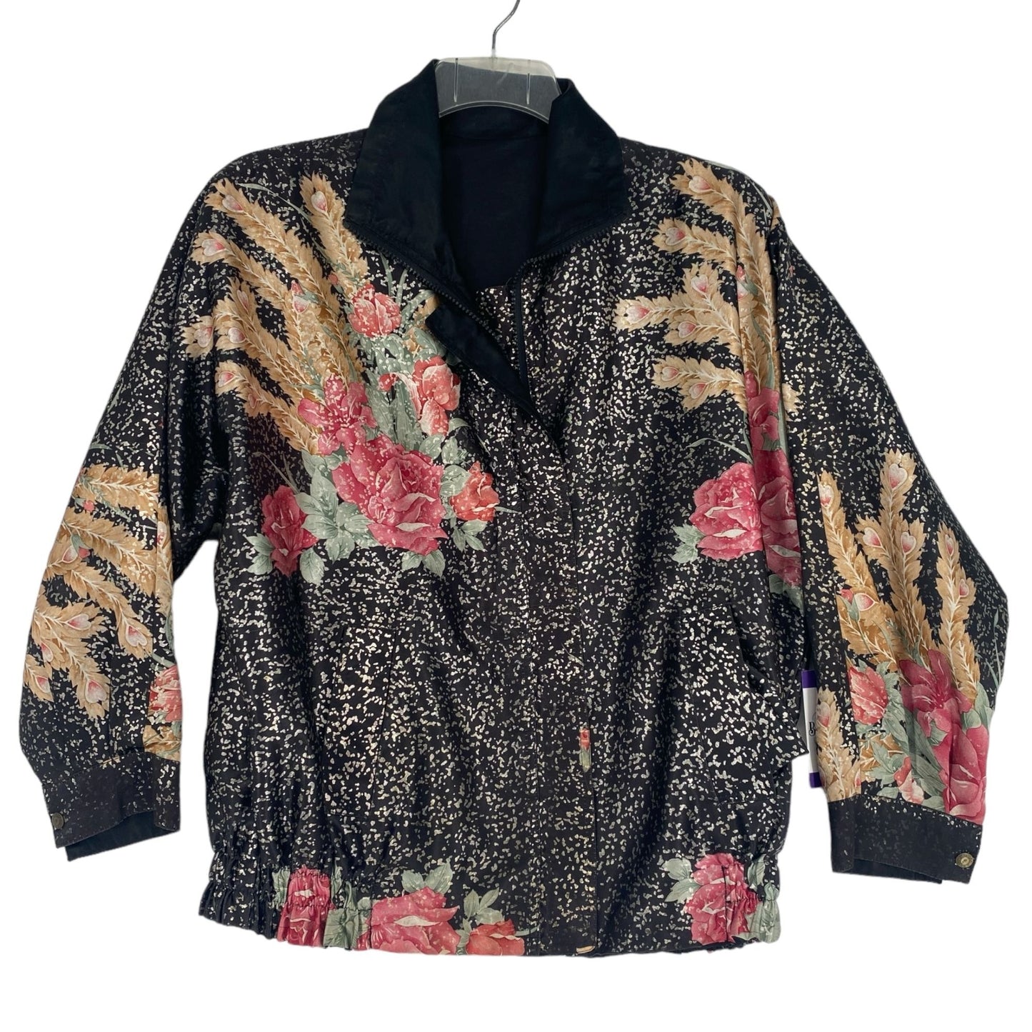 Vtg 80s Reversible Satin Bomber Jacket XL Black Floral Nonnacore Granny Chic