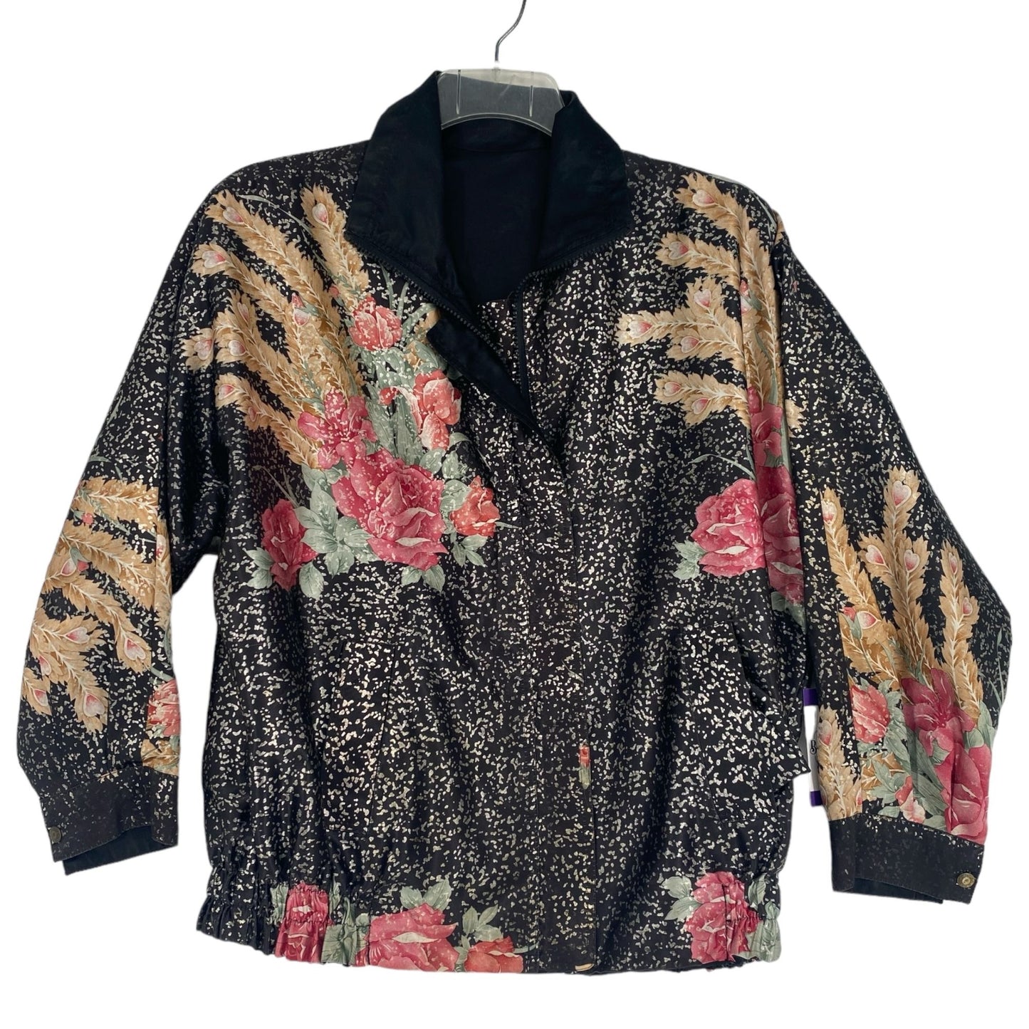 Vtg 80s Reversible Satin Bomber Jacket XL Black Floral Nonnacore Granny Chic