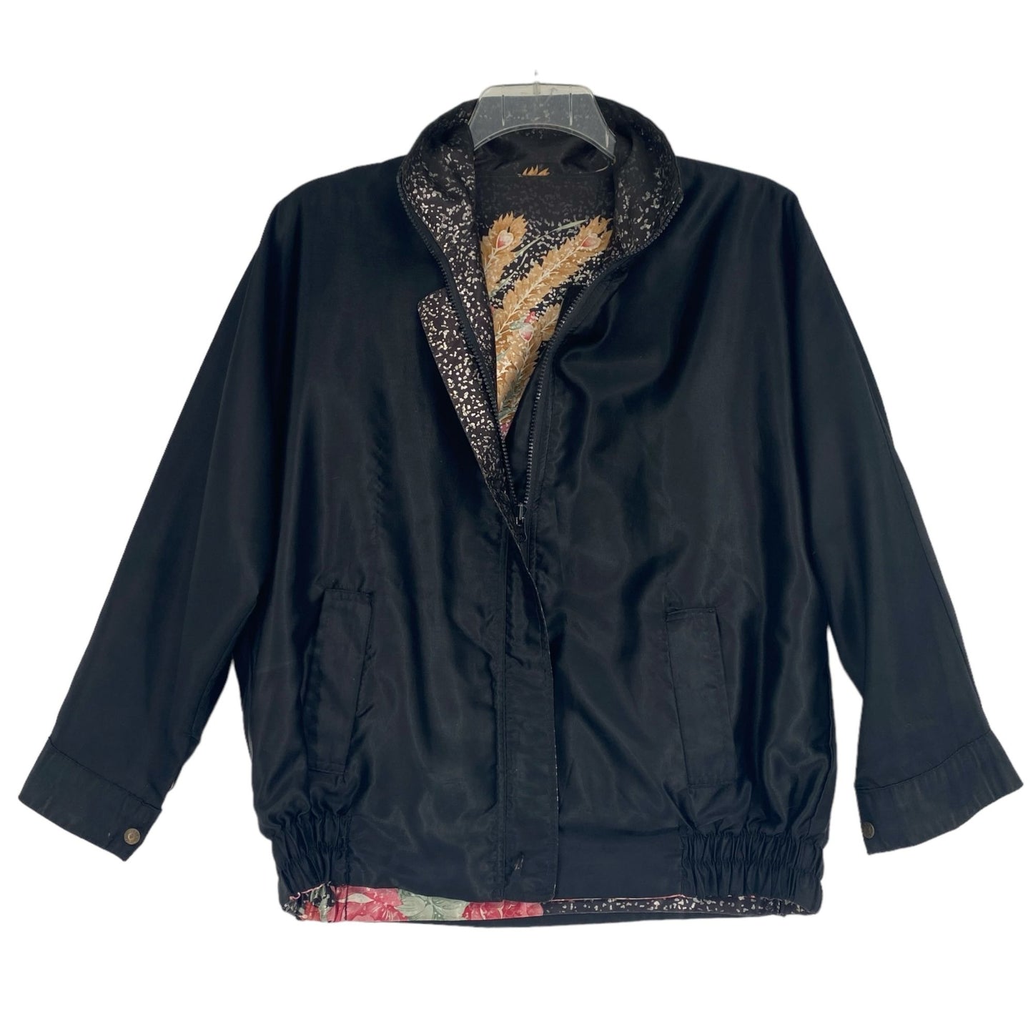 Vtg 80s Reversible Satin Bomber Jacket XL Black Floral Nonnacore Granny Chic
