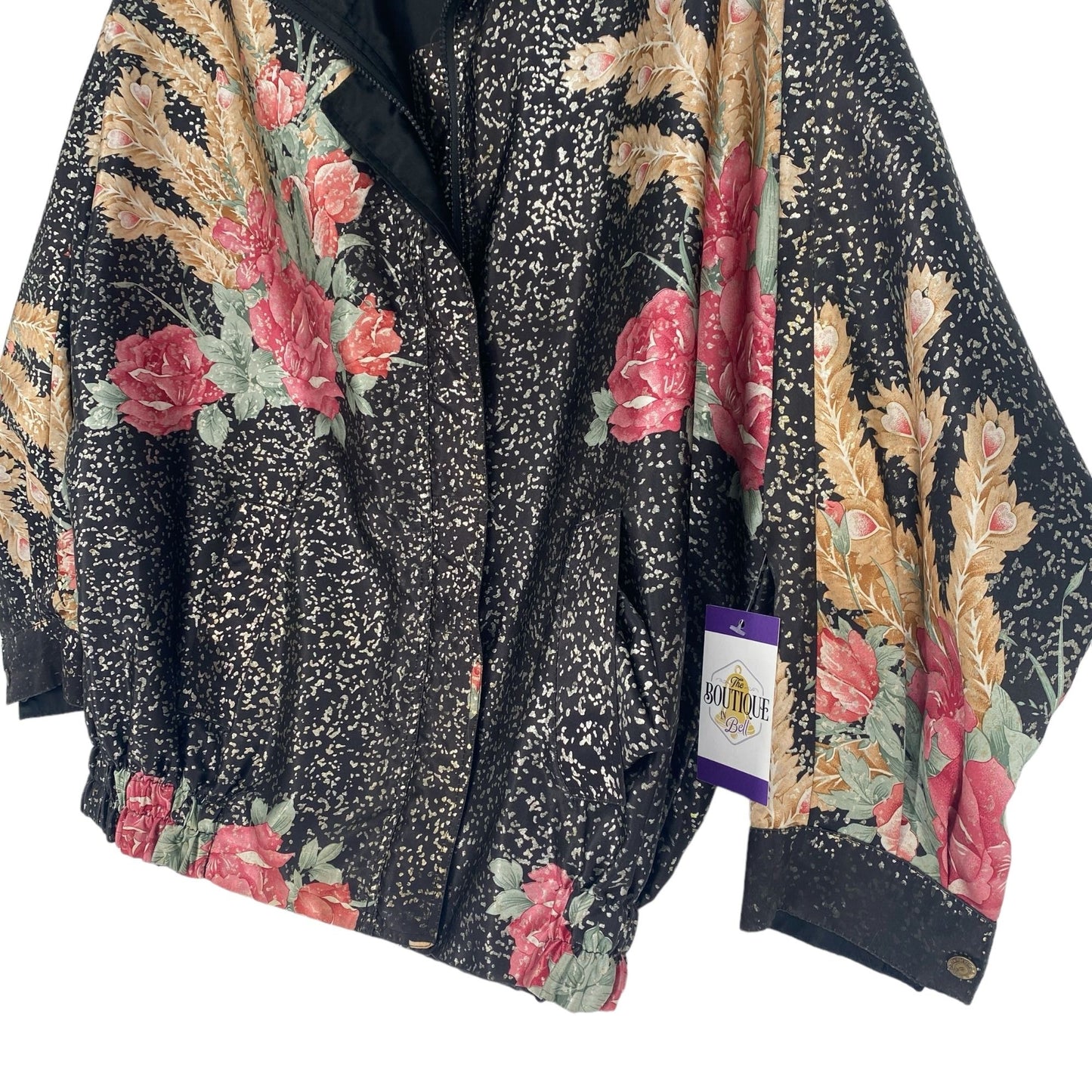 Vtg 80s Reversible Satin Bomber Jacket XL Black Floral Nonnacore Granny Chic