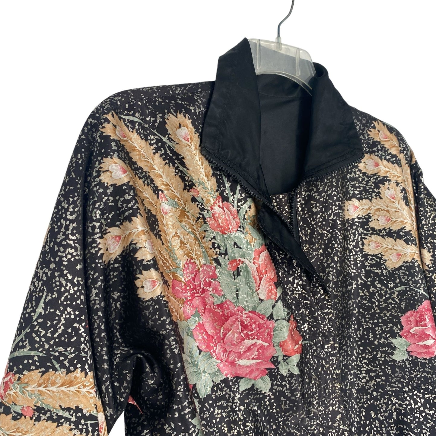 Vtg 80s Reversible Satin Bomber Jacket XL Black Floral Nonnacore Granny Chic