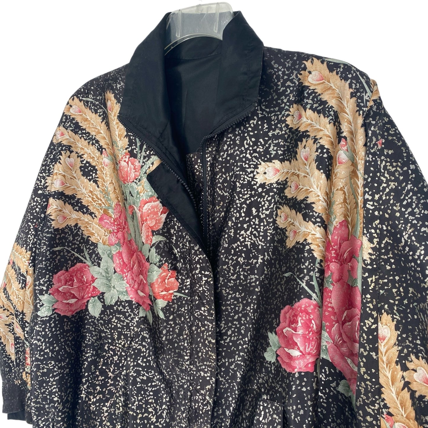 Vtg 80s Reversible Satin Bomber Jacket XL Black Floral Nonnacore Granny Chic