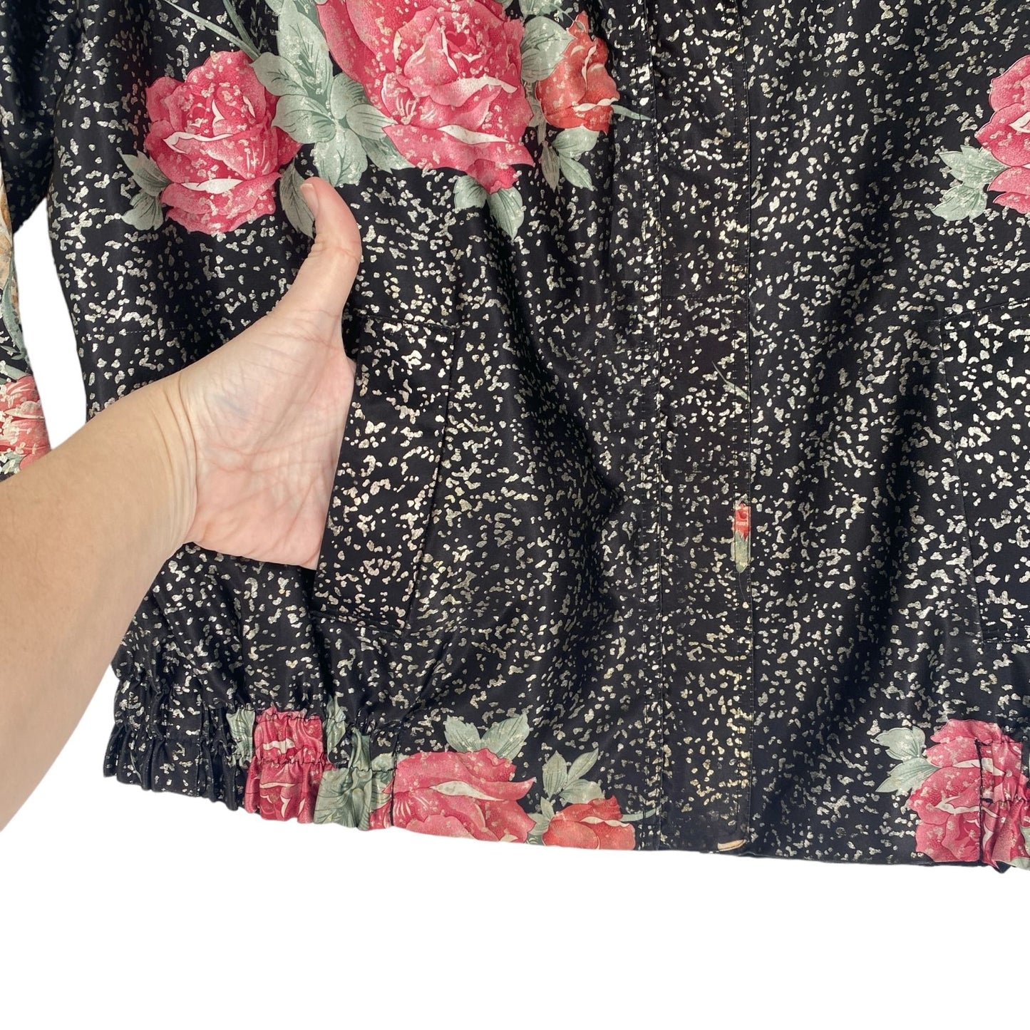 Vtg 80s Reversible Satin Bomber Jacket XL Black Floral Nonnacore Granny Chic