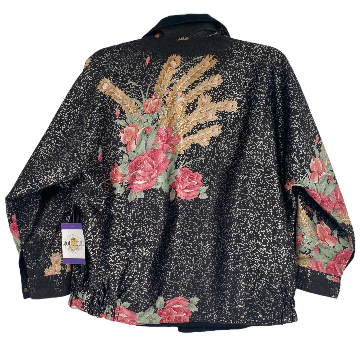 Vtg 80s Reversible Satin Bomber Jacket XL Black Floral Nonnacore Granny Chic