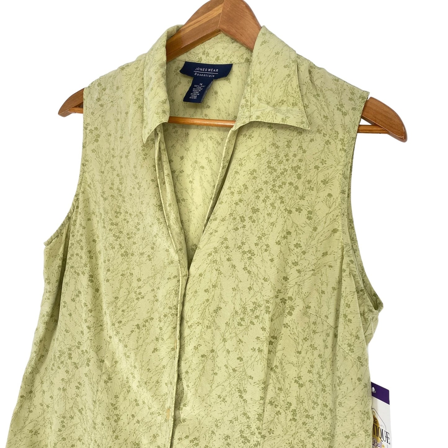 Vintage 90s Jones Wear Silk Blouse 14 Sleeveless Green Micro Floral Casual Wear