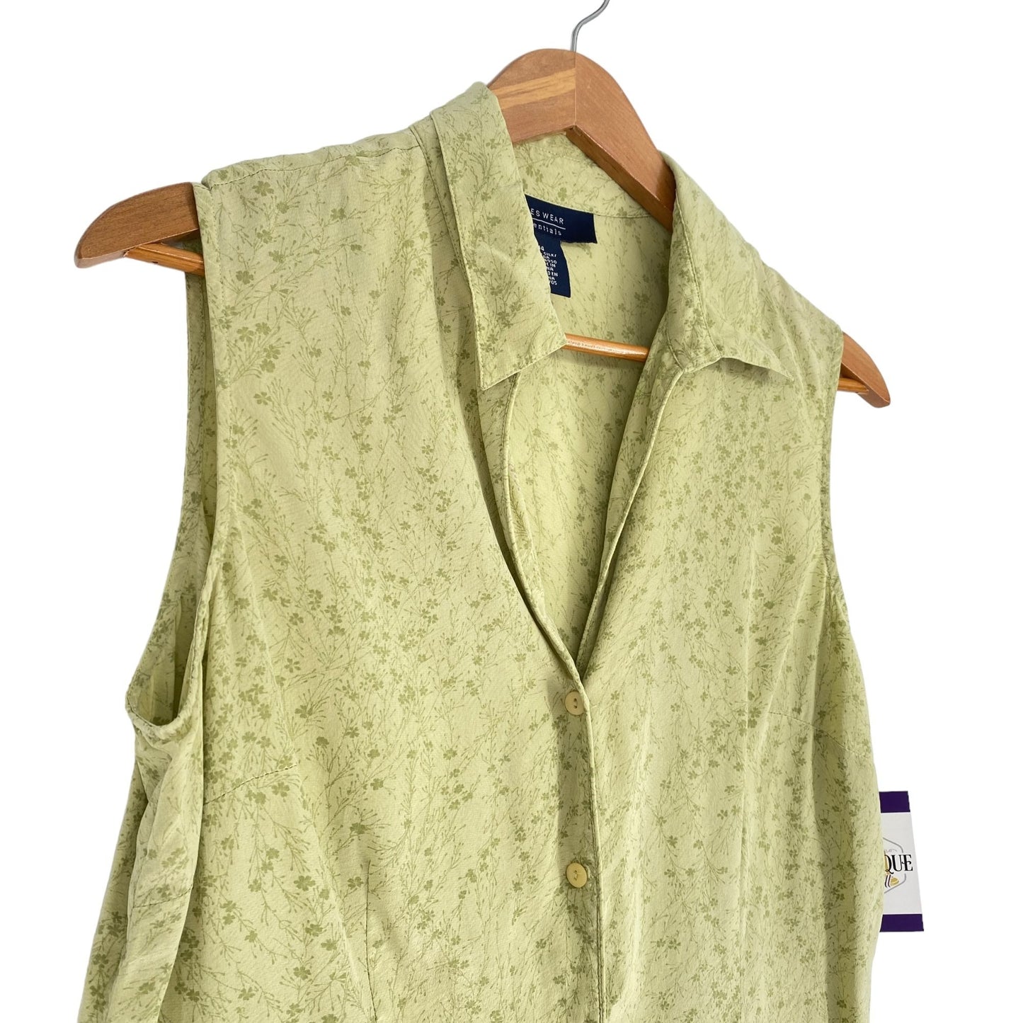Vintage 90s Jones Wear Silk Blouse 14 Sleeveless Green Micro Floral Casual Wear