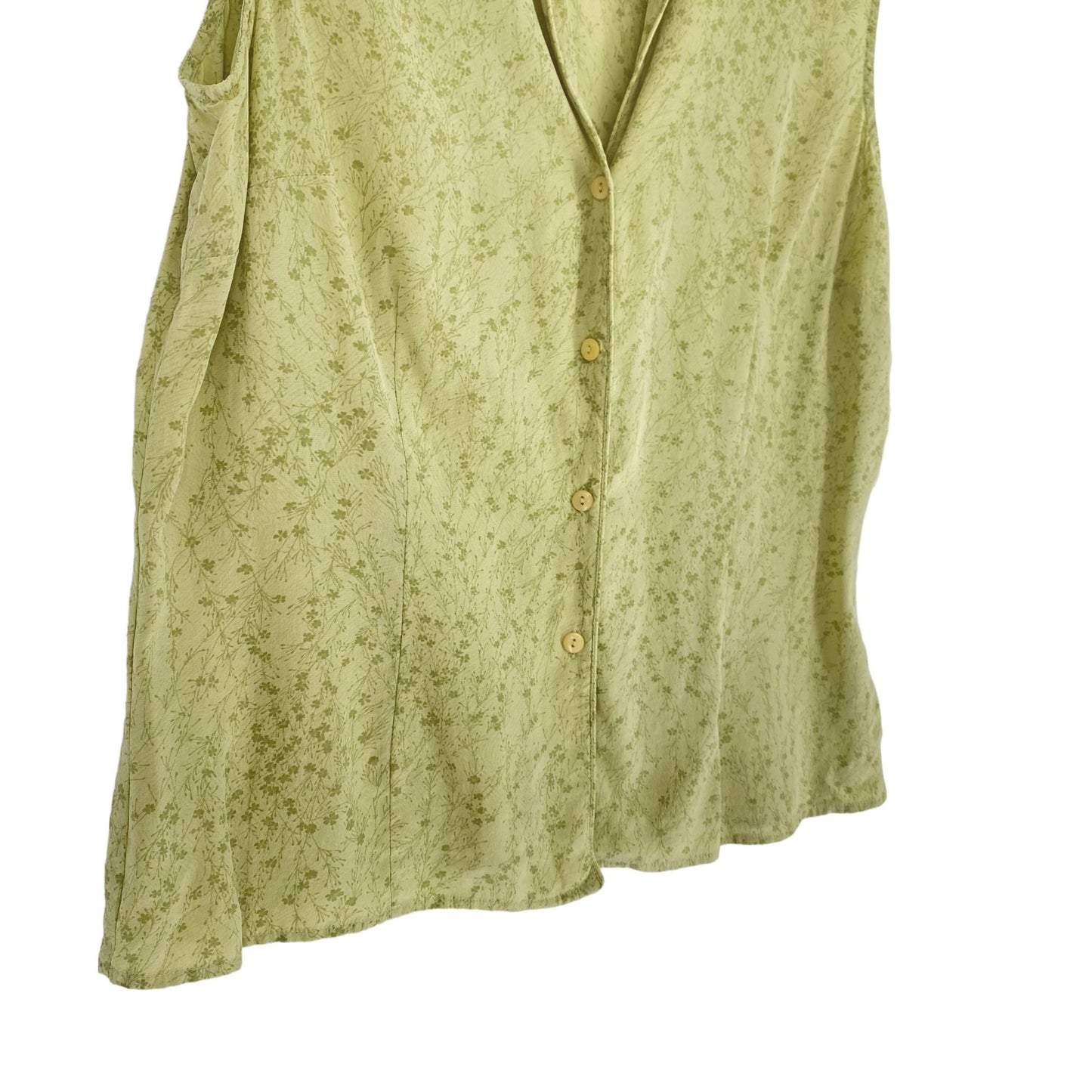 Vintage 90s Jones Wear Silk Blouse 14 Sleeveless Green Micro Floral Casual Wear