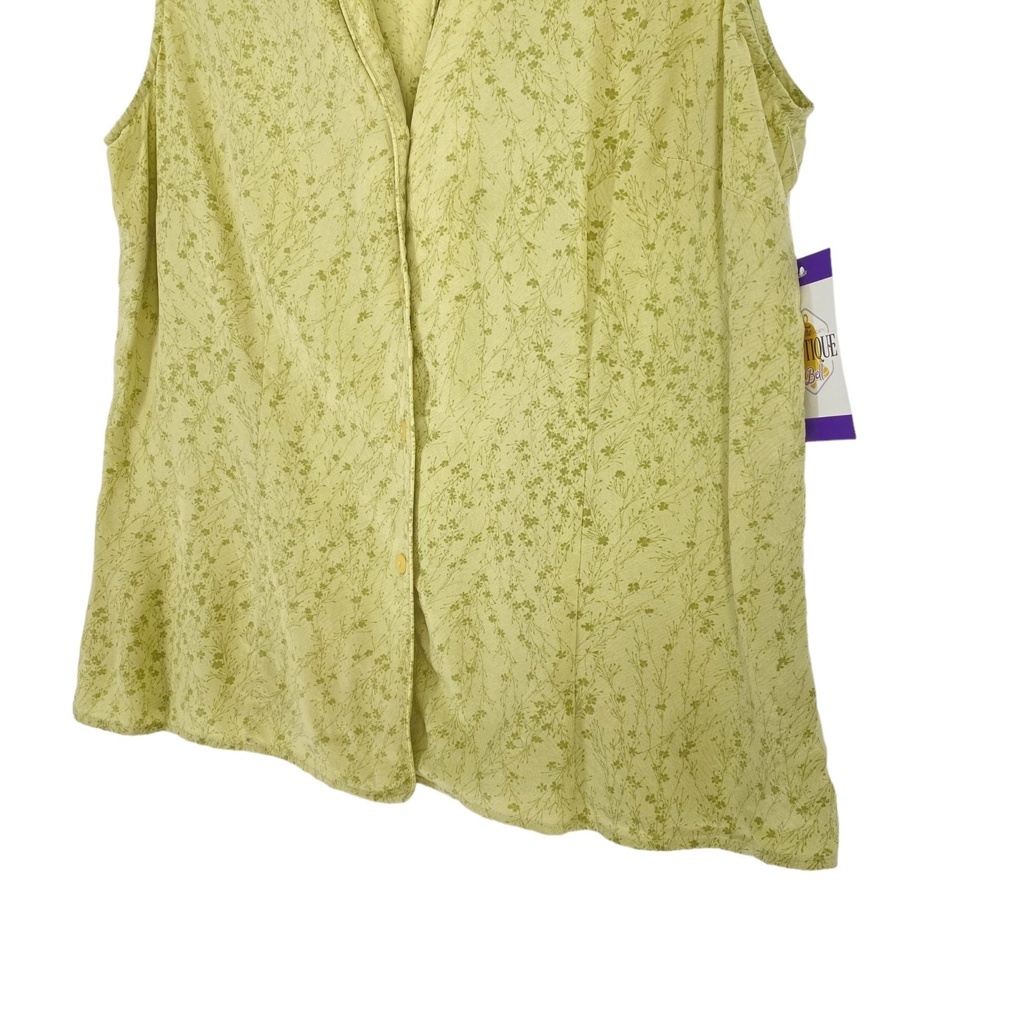 Vintage 90s Jones Wear Silk Blouse 14 Sleeveless Green Micro Floral Casual Wear