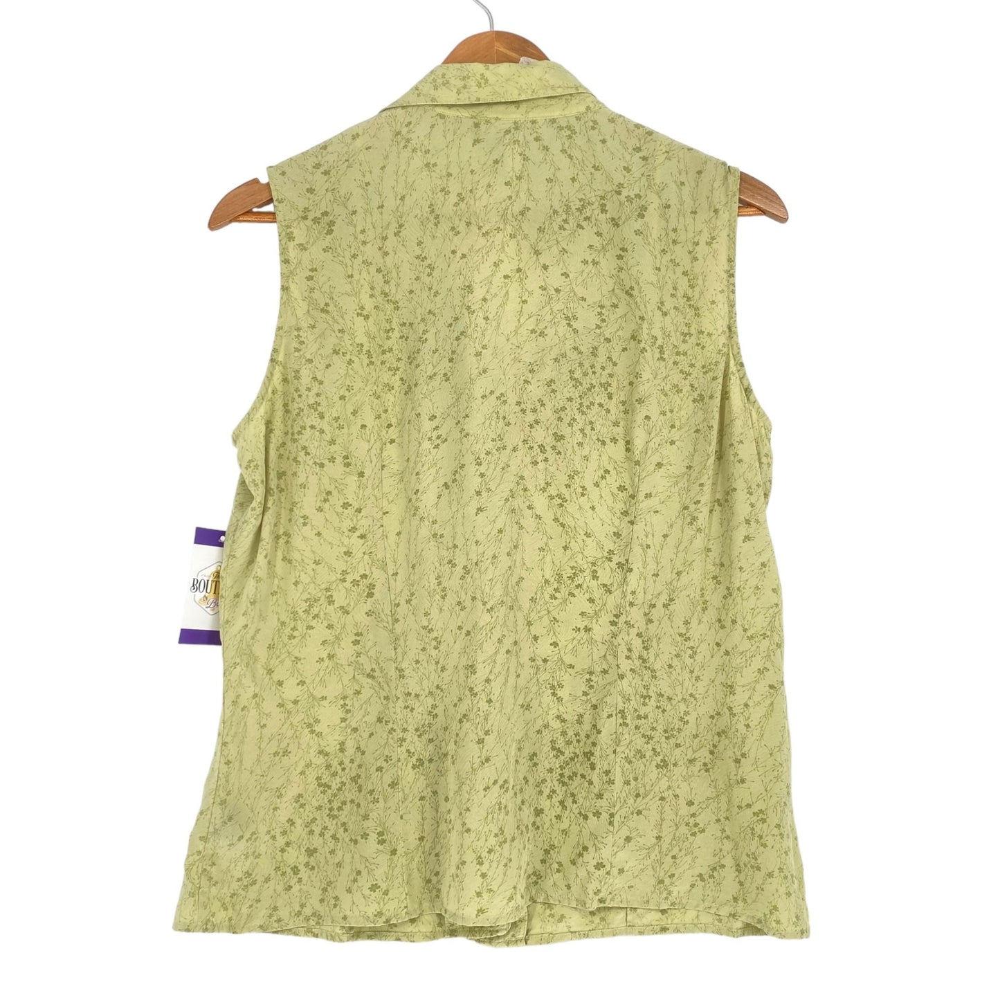 Vintage 90s Jones Wear Silk Blouse 14 Sleeveless Green Micro Floral Casual Wear
