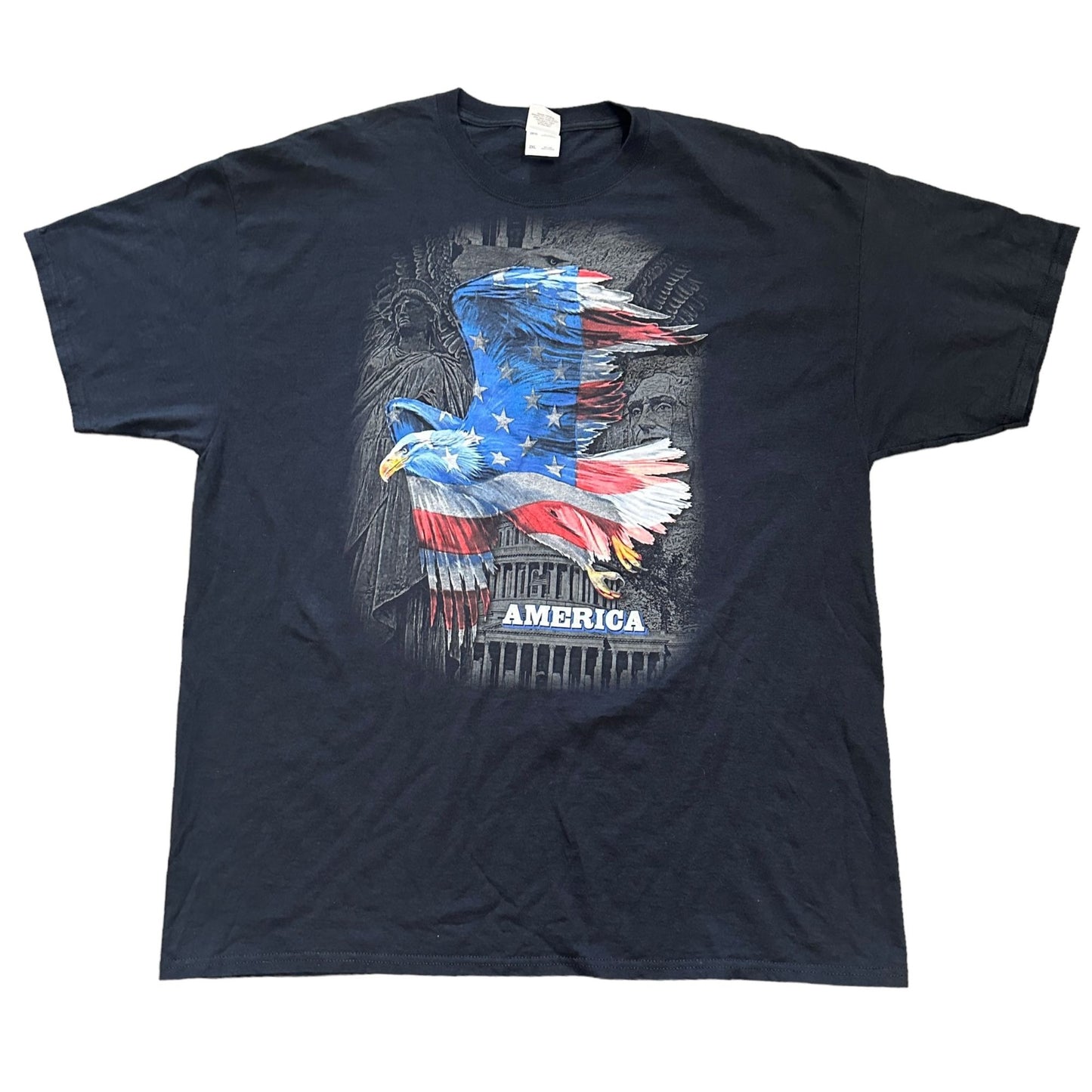 Vtg Patriotic TShirt America Soaring Eagle 2X Black Flag Liberty Founding Father