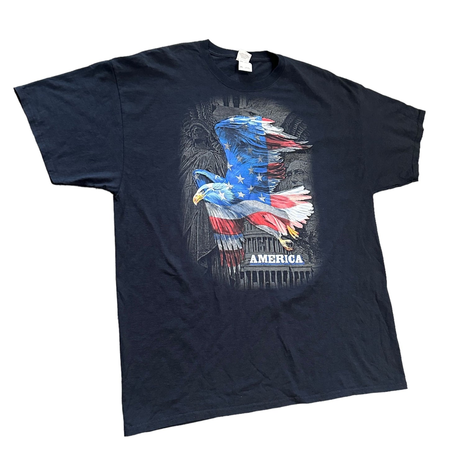 Vtg Patriotic TShirt America Soaring Eagle 2X Black Flag Liberty Founding Father