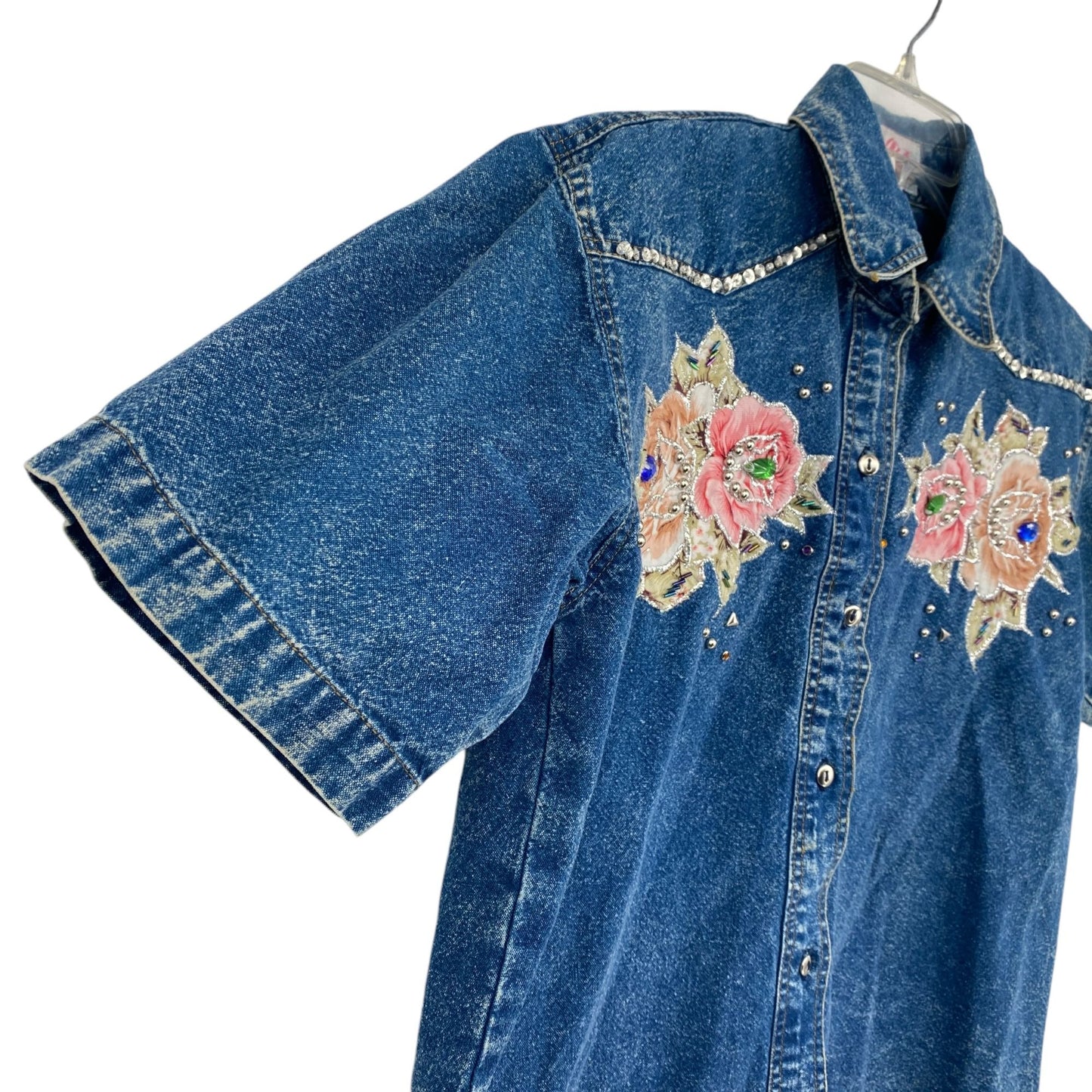 Vintage Pret Denim Shirt Blue 80s 90s Acid Wash Embroidered Roses Bedazzled