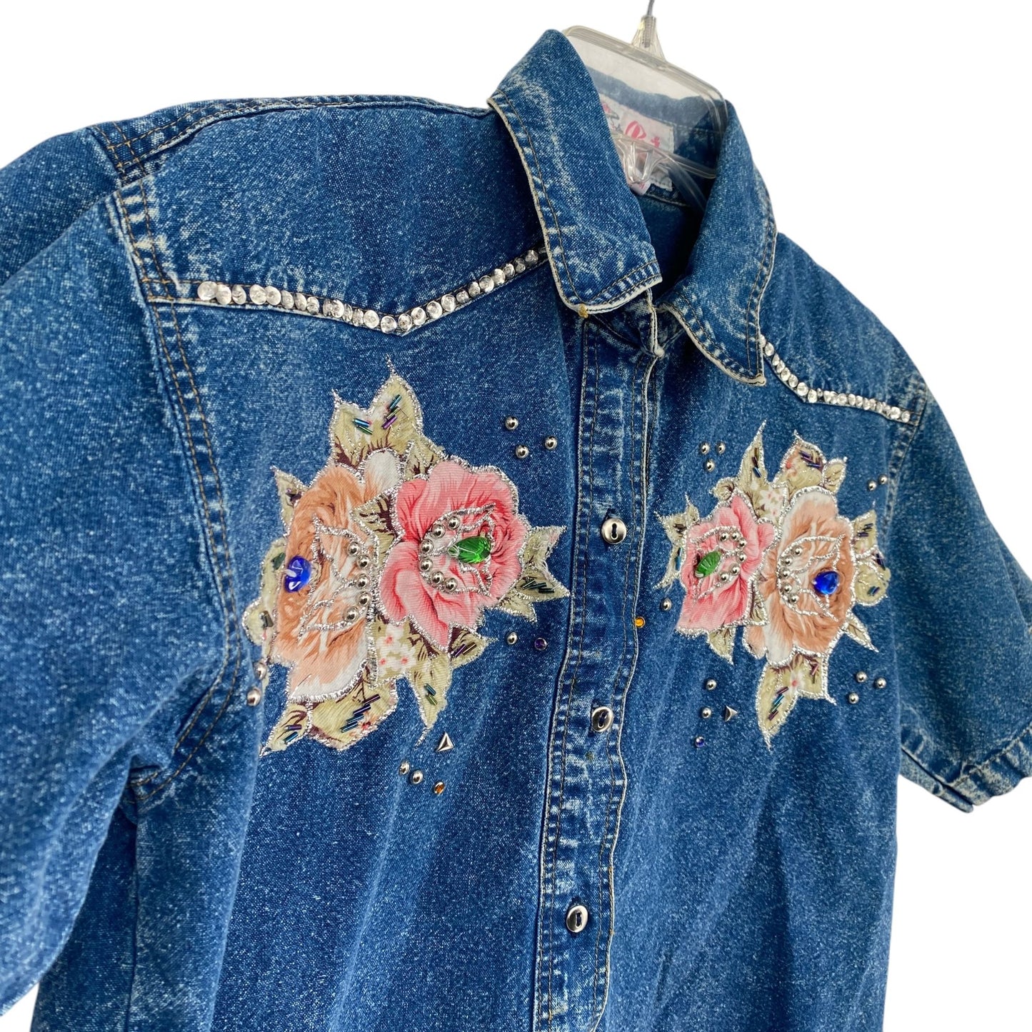 Vintage Pret Denim Shirt Blue 80s 90s Acid Wash Embroidered Roses Bedazzled