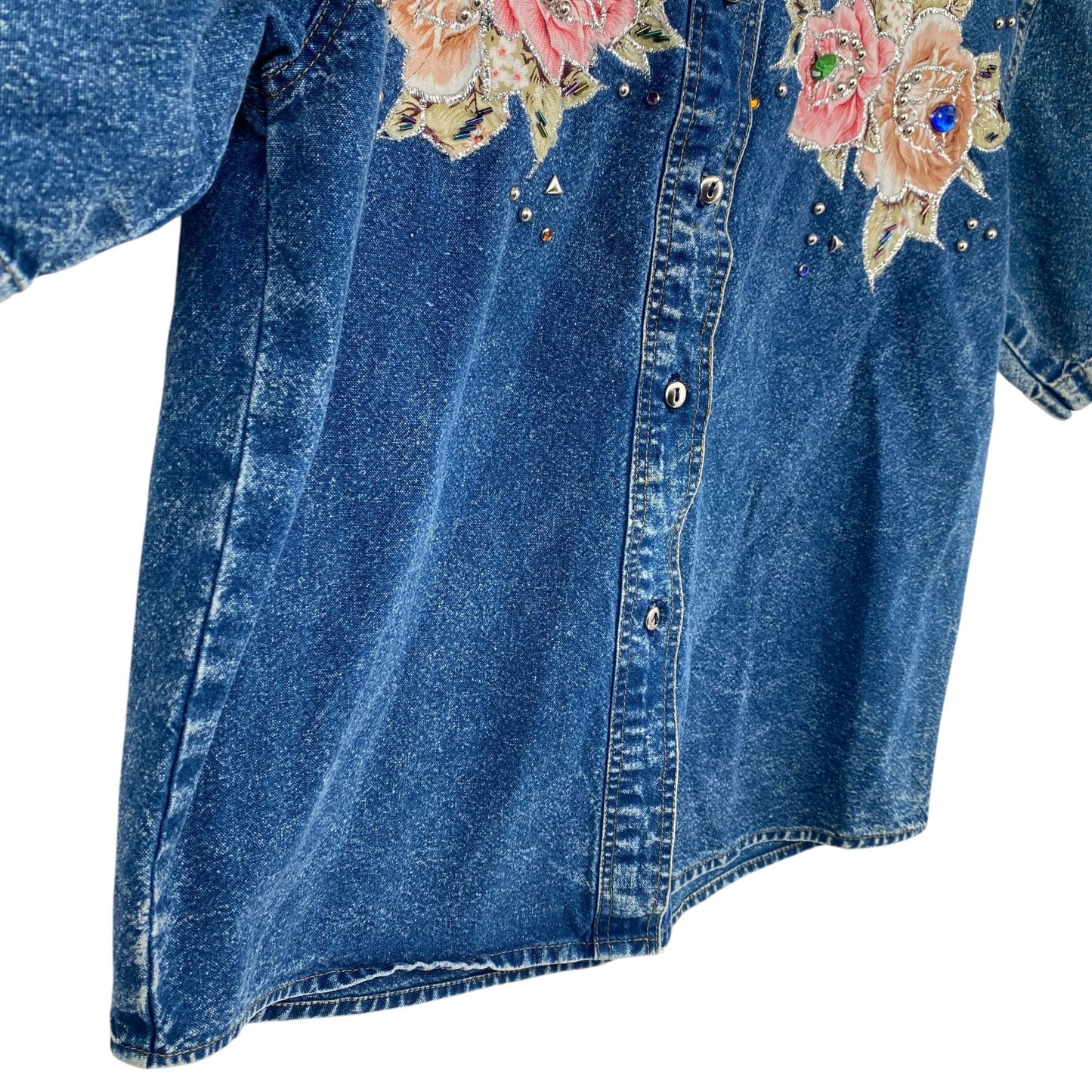 Vintage Pret Denim Shirt Blue 80s 90s Acid Wash Embroidered Roses Bedazzled