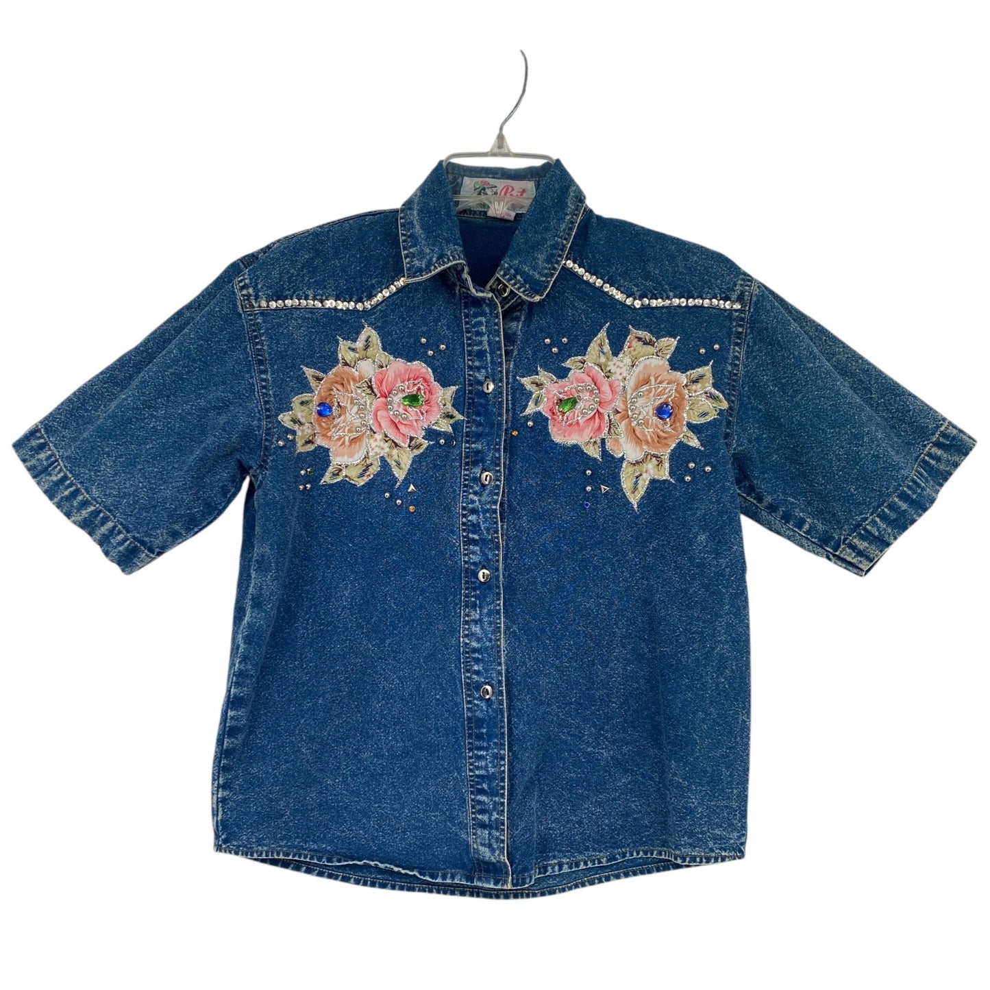 Vintage Pret Denim Shirt Blue 80s 90s Acid Wash Embroidered Roses Bedazzled