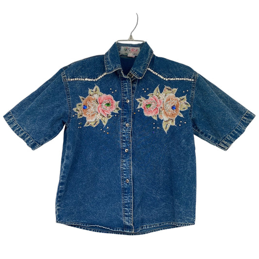 Vintage Pret Denim Shirt Blue 80s 90s Acid Wash Embroidered Roses Bedazzled
