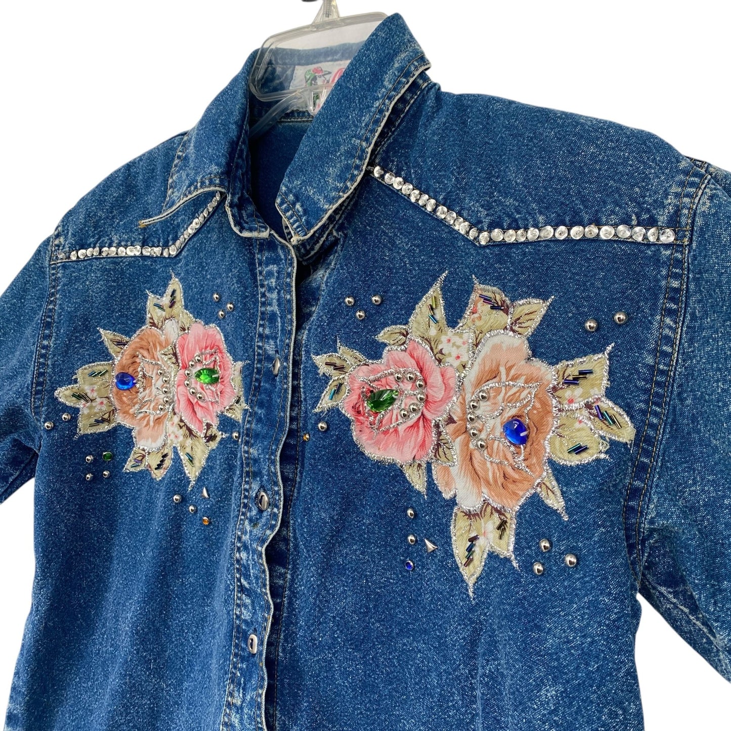 Vintage Pret Denim Shirt Blue 80s 90s Acid Wash Embroidered Roses Bedazzled