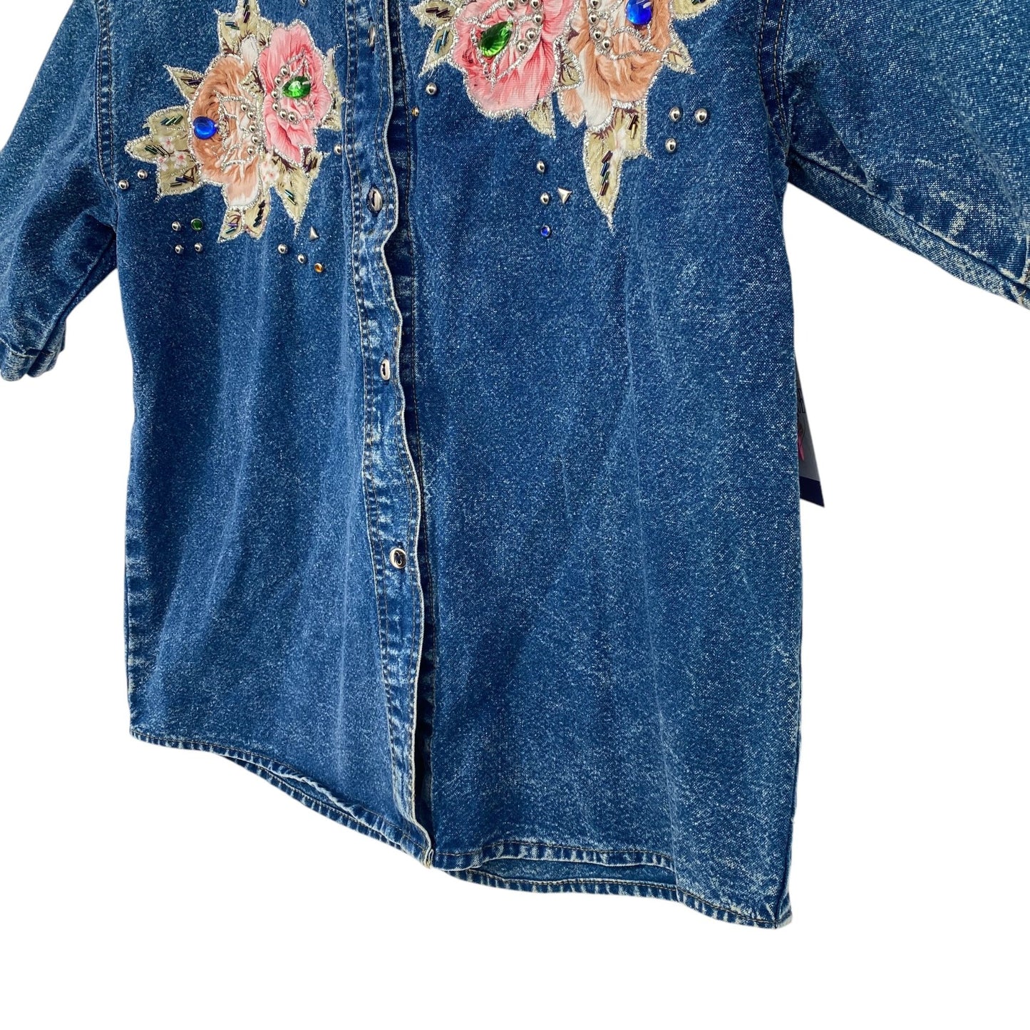 Vintage Pret Denim Shirt Blue 80s 90s Acid Wash Embroidered Roses Bedazzled