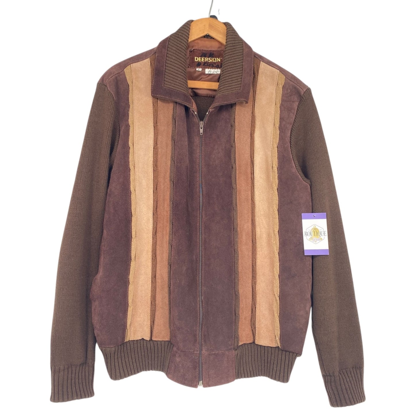 Vtg 70s Deerskin Sweater Jacket Brown Suede Leather Full Zip Grandpa Academia L