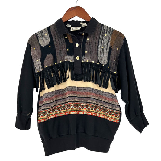 Bonnie Bill Southwest Shirt 90s Petite S Dolman Sleeve Fringe Mixed Material